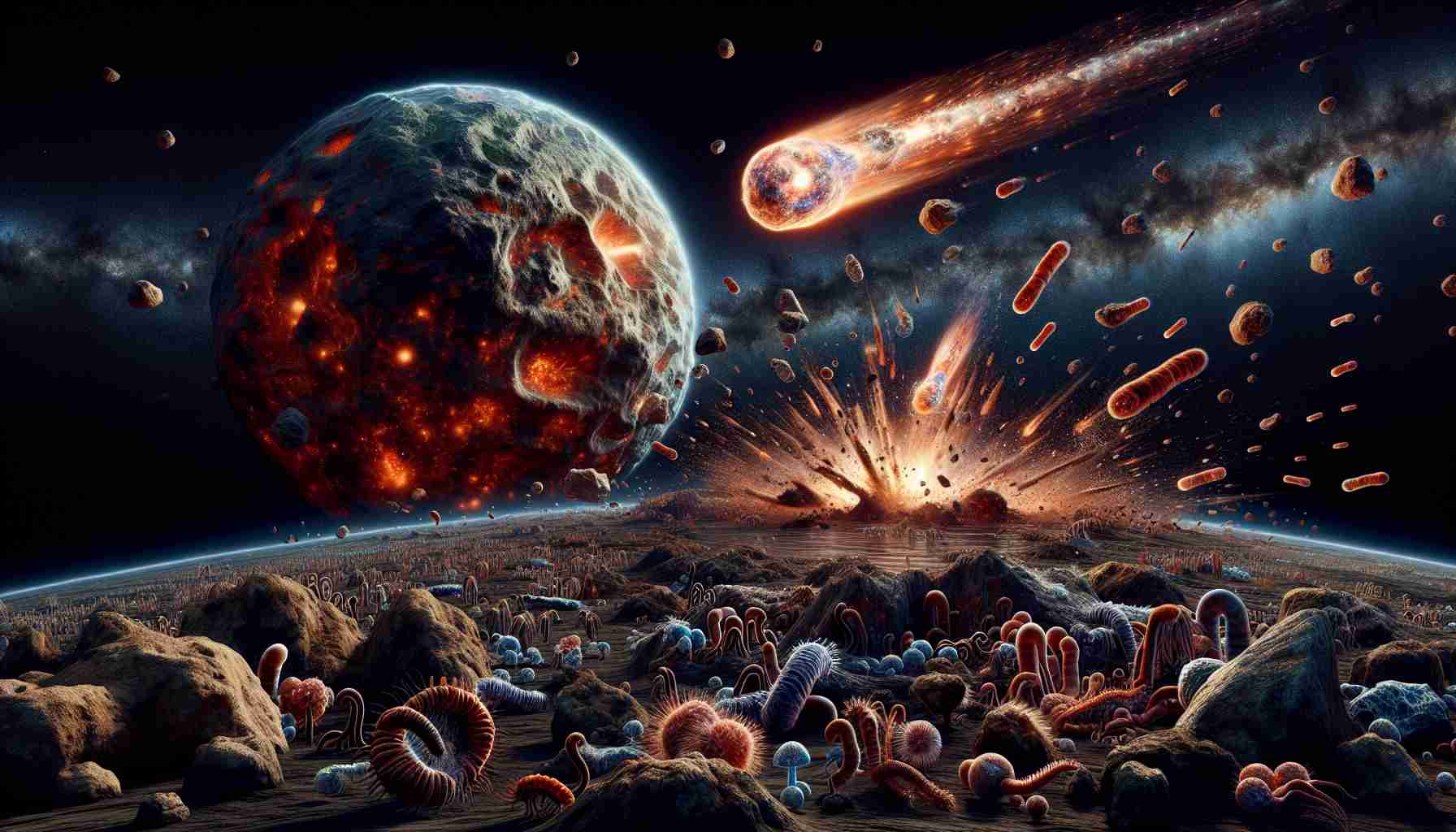 A high-definition, realistic depiction of cosmic collisions' impacts on early life. Show an ancient, primordial earth undergoing a massive cosmic impact, possibly an asteroid or comet. In the foreground, base life forms like bacteria or simple organisms are multiplying and evolving despite the cataclysmic event overhead. Ensure to represent bio-diversity with vasts of different forms of life and the true scope of this astronomical event with a detailed scene of fiery debris scattered across the ink-black cosmic backdrop.