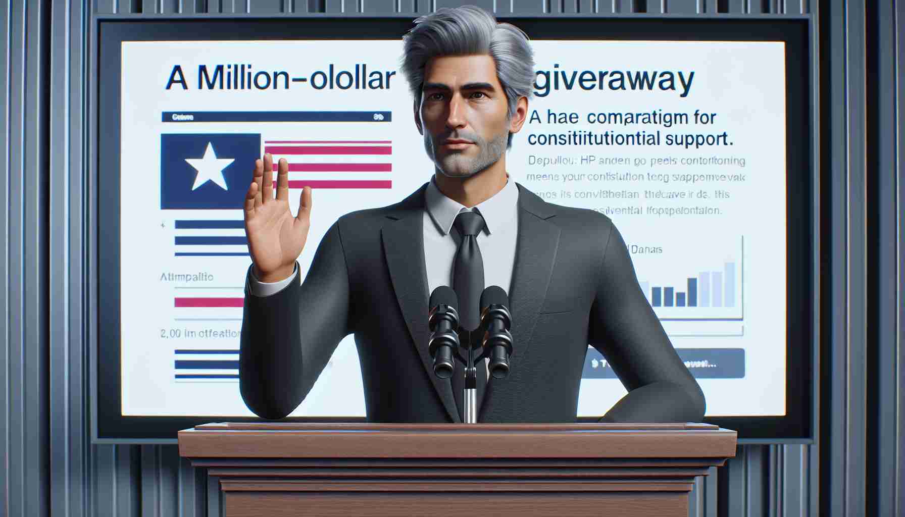 A realistic HD picture of a middle-aged man with grey hair, similar to a popular tech entrepreneur, announcing a million-dollar giveaway campaign for constitutional support. He stands at a dais, with his right hand raised as if emphasizing a point. Behind him is a large display screen showing related infographics.