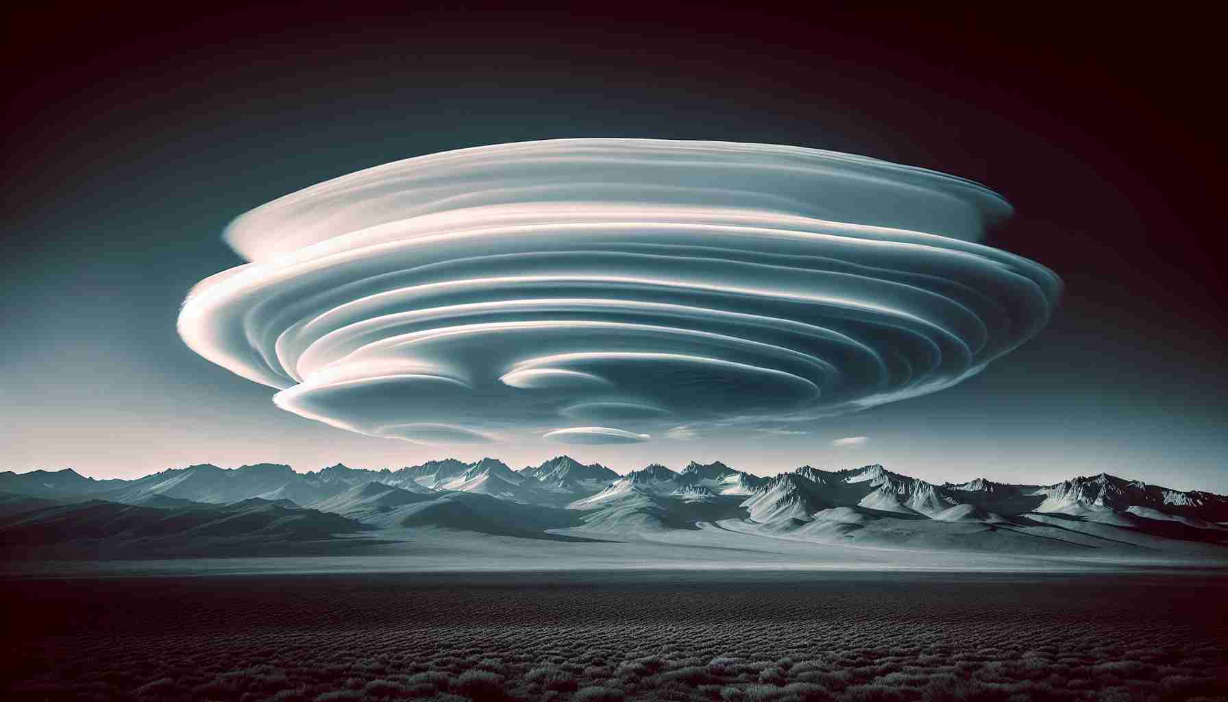 Generate a high definition, realistic image of a striking lenticular cloud formation. The scene should be set over a desolate range of mountains. The clouds should present an unusual and distinctive shape, drawing attention to their unique form and enhancing the overall visual appeal of the image.