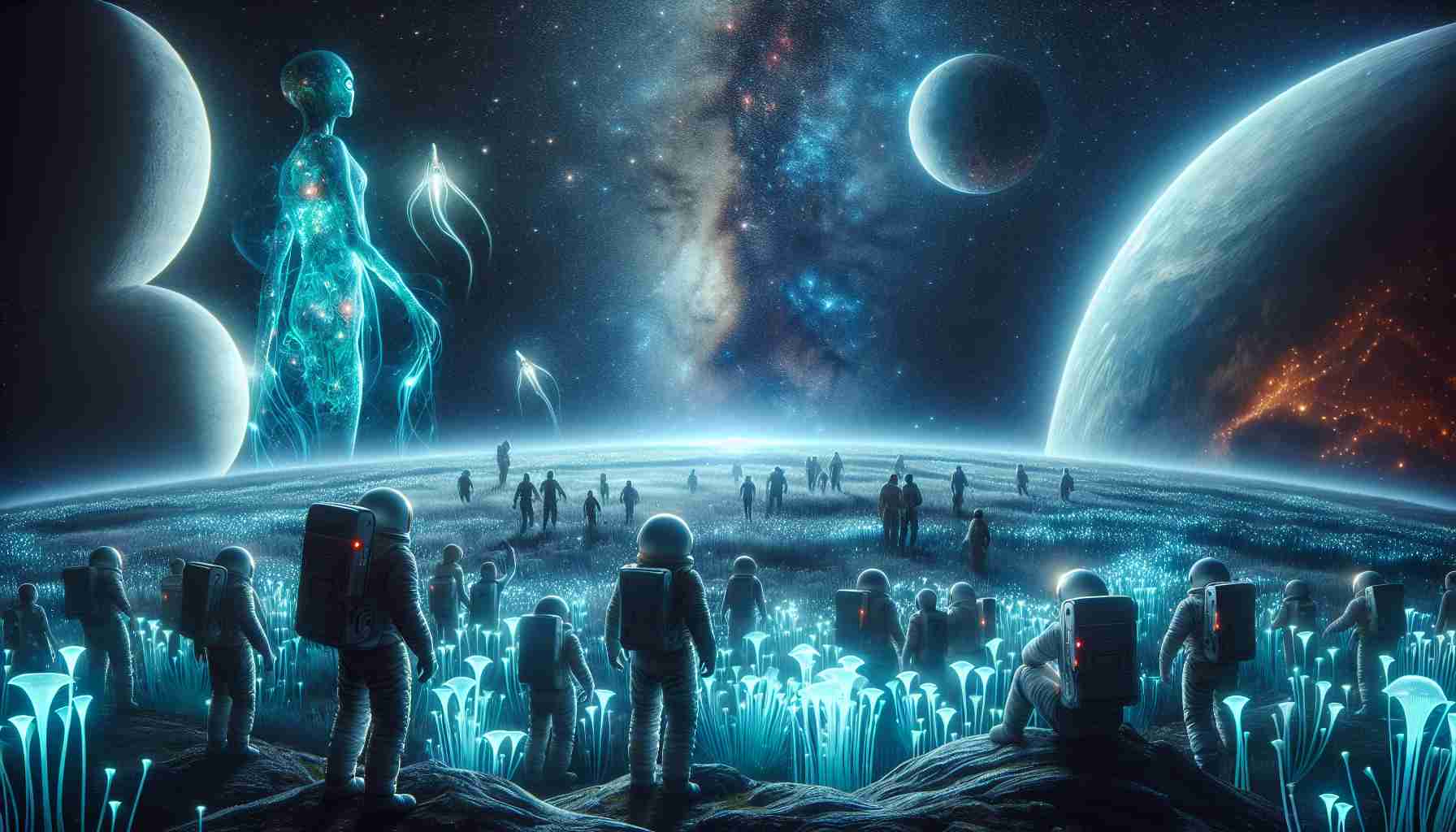 Create a realistic, high-definition image showcasing an unexpected space adventure. Visualize a surprising encounter with an alien civilization on an unknown planet, with astronauts of diverse descents and genders exploring the alien environment. Display an immaculate world filling the view, with the vastness of galaxies appearing in the background. The alien world could be filled with bioluminescent flora for an otherworldly glow. The astronauts' expressions should reflect a mix of apprehension, curiosity, and excitement