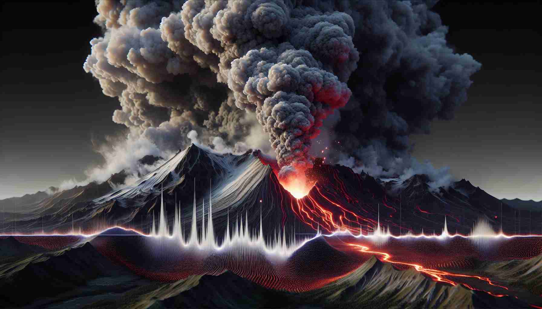 A high-definition, hyper-realistic digital painting of an ancient volcanic eruption. The scene reveals billowing smokey ash clouds rising high into the sky as fiery lava gushes out from the mountain's mouth. Tiny seismic waves ripple on the ground, visualizing novel data points from new seismic research. The entire spectacle is lit in bold hues of red, orange, and grey, casting beautiful yet ominous shadows in the surrounding landscape.