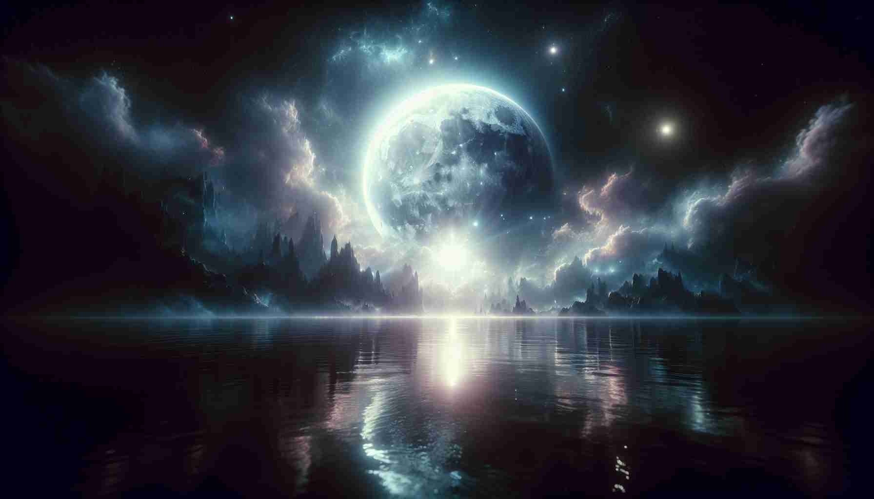 A high-definition, realistic image of a captivating and enchanting lunar glow. The moon is radiant and full, gleaming in the midst of a dark, starlit night sky. The lunar brilliance is reflected on the surface of a calm, tranquil ocean, filling the scene with a mystical aura. Beneath the gleaming moonlight, elements of the landscape - trees, mountains, or pillars of rock - bathe in the otherworldly glow, casting long, profound shadows. A serenity permeates the scene, a direct effect of the mesmerizing moon bathing everything in its muted, cool luminescence.