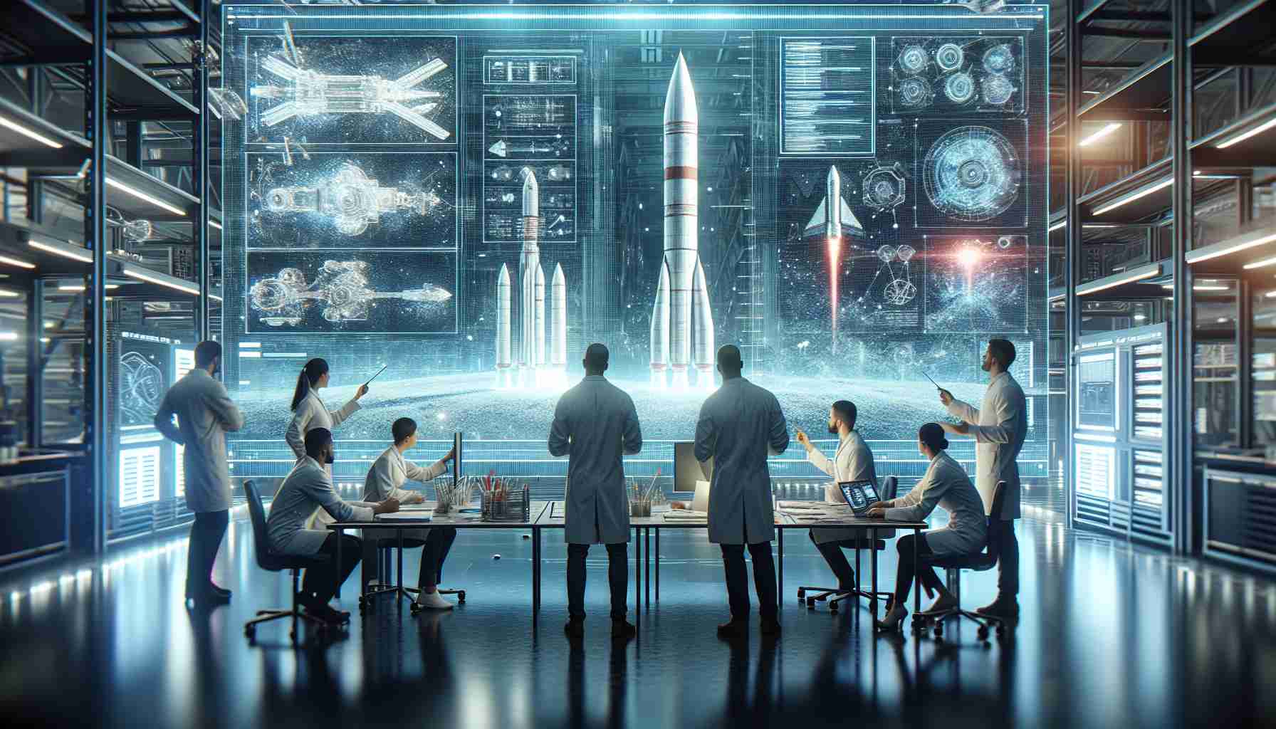 Generate a realistic, high-definition image symbolizing the emergence of space exploration innovations amidst recent technological challenges. The scene could feature scientists of various descents and genders working together in a state-of-the-art lab. They could be discussing around a large screen displaying cutting-edge rocket technologies. This image could also include some visible issues they're addressing, like faulty equipment or problematic data visualizations.