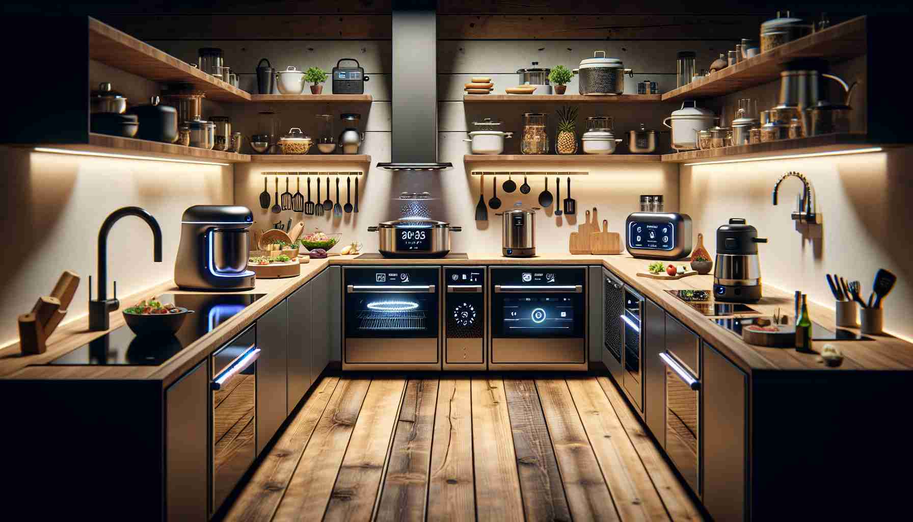 Generate a realistic HD photograph featuring a modern kitchen setting that reflects a revolution in home cooking due to innovative kitchen gadgets. The scene should visually depict cutting-edge cooking tools that are unconventional, highly functional and exhibit smart design. The technology in these gadgets should be clear, hinting at features like digital interfaces, wireless connectivity and perhaps even AI support. These innovative tools could include multi-use appliances, precision cookers, high-speed blenders, smart microwaves, etc. The overall image should inspire a sense of ease and efficiency in home cooking.