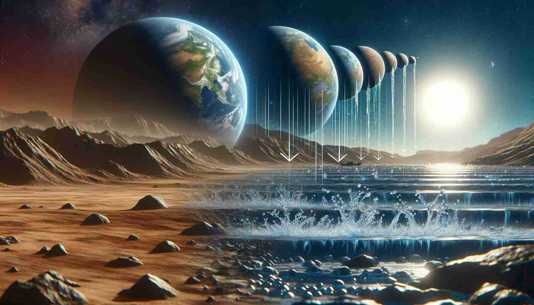 Create a realistic, high-definition image showcasing the discovery of water's mysterious impact on airless worlds. The image might include the depiction of a barren, airless planet, stark and dry, and then a transition showcasing the notable changes that occur due to the impact of water, transforming the barren landscape into something spectacular.