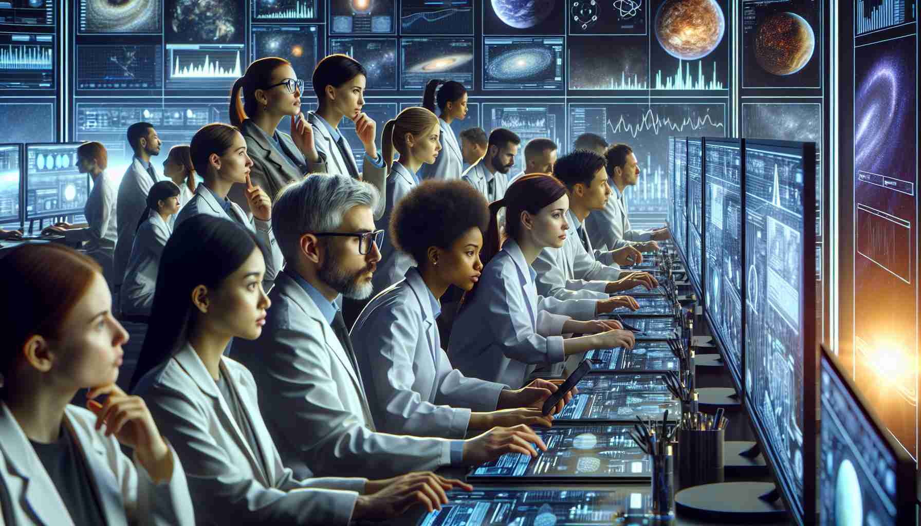 High definition realistic image of a diverse group of scientists, of differing genders and descents like Caucasian, Hispanic, Black, Middle-Eastern, and South Asian. They are in a high-tech laboratory filled with screens displaying complex data, charts, and graphs. They are deeply engrossed in unique and innovative methods of searching for signs of exoplanet life. Some are studying starlight spectrums, while others are analyzing radio signals, and some are simulating exoplanet climates using sophisticated computer models.