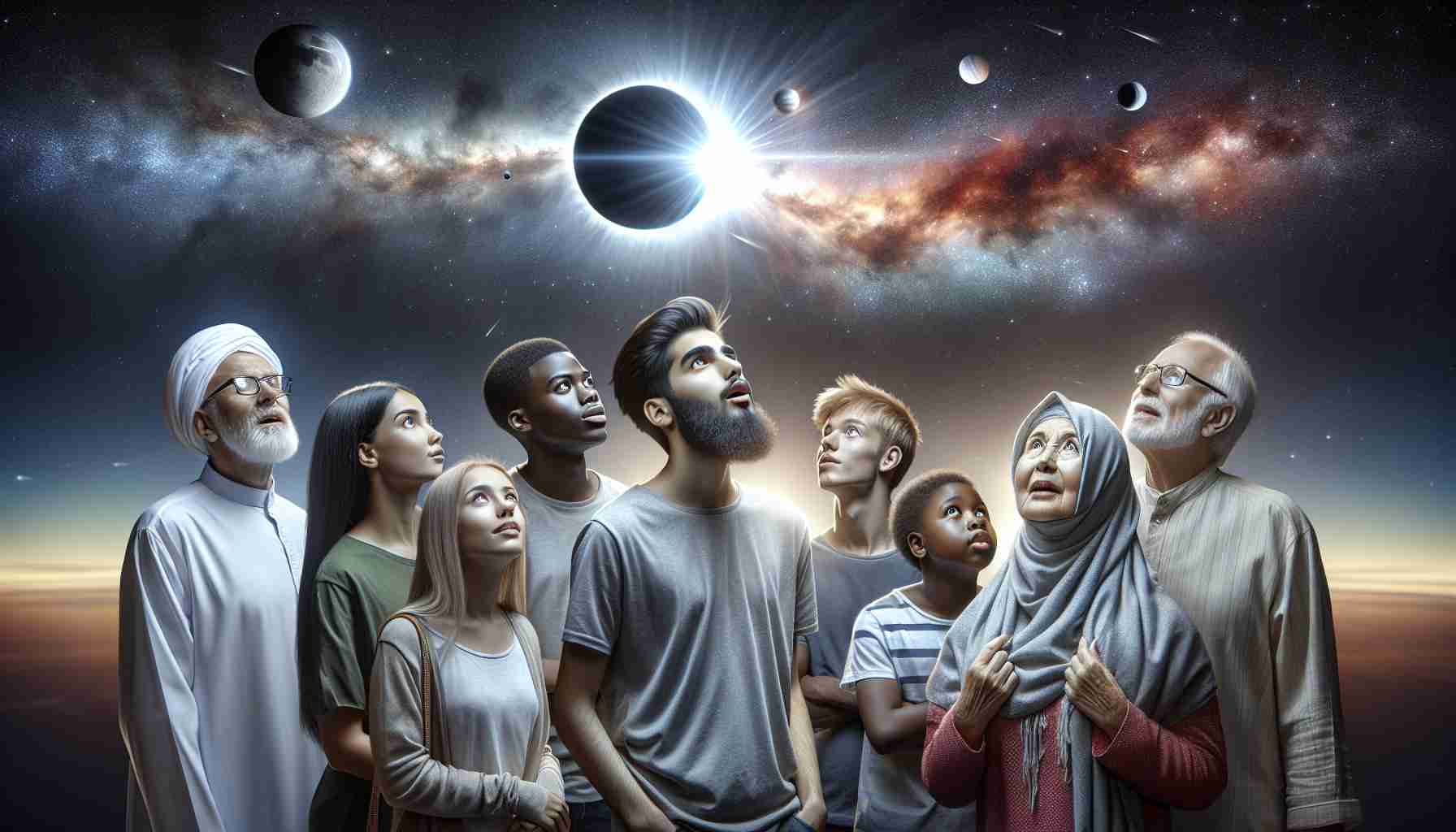 Realistic high-definition image of a stunning celestial event captivating the attention of a diverse group of people. The onlookers include a Middle-Eastern woman, a Caucasian man, a Black teenager and a South Asian elderly person, all of whom are awestruck by the brilliance of the phenomenon unfolding in the sky above them.