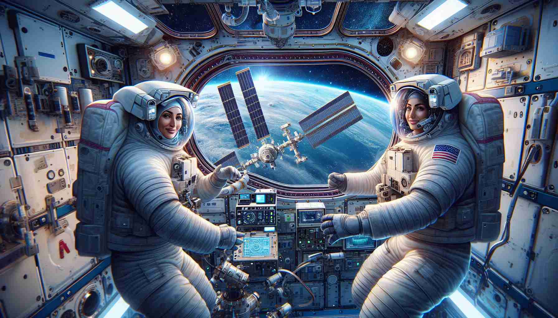 Illustrate a highly detailed and realistic image of astronauts engaging in space science inside the International Space Station. The astronauts, both a Middle-Eastern woman and South Asian man, are in zero-gravity, surrounded by high-tech scientific equipment. The vast expanse of space is visible through a window nearby, with Earth's beautiful crescent visible in the distance.