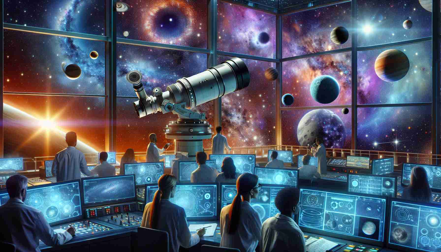 A high-definition and realistic rendition of space exploration beyond our solar system. Portray telescopes within a mission control room, trained on distant exoplanets, alien stars with unfamiliar constellations, and nebulae painted with vibrant hues. Scientists of different genders and descents like Caucasian, African, Middle-Eastern, Hispanic, Native American and Asian are present in the room, analyzing data and discussing possible signs of life. In the horizon, a visualization of outer space with a depiction of potentially habitable planets in distant star systems.