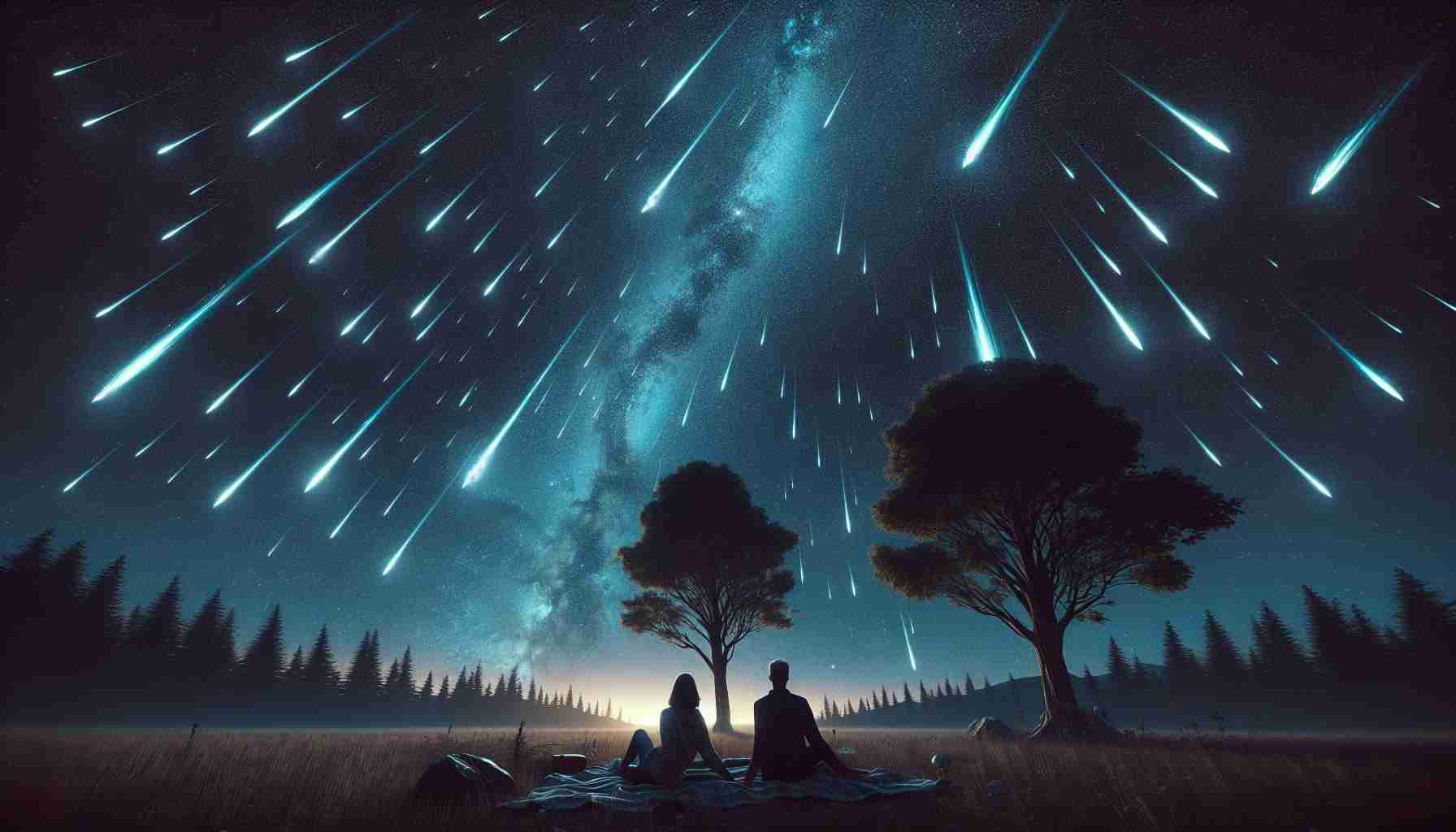 Generate a realistic, high-definition image depicting the exhilarating world of meteor showers. This scene should include a night sky filled with hundreds of bright meteors streaking across it, creating an impressive celestial spectacle. In the foreground, there should be the silhouettes of tall trees, their leaves rustling in the gentle night breeze. Also present should be an open field where curious onlookers, a Caucasian man and a South Asian woman, are lying on a blanket, their eyes filled with awe and wonder at the astounding sight above.