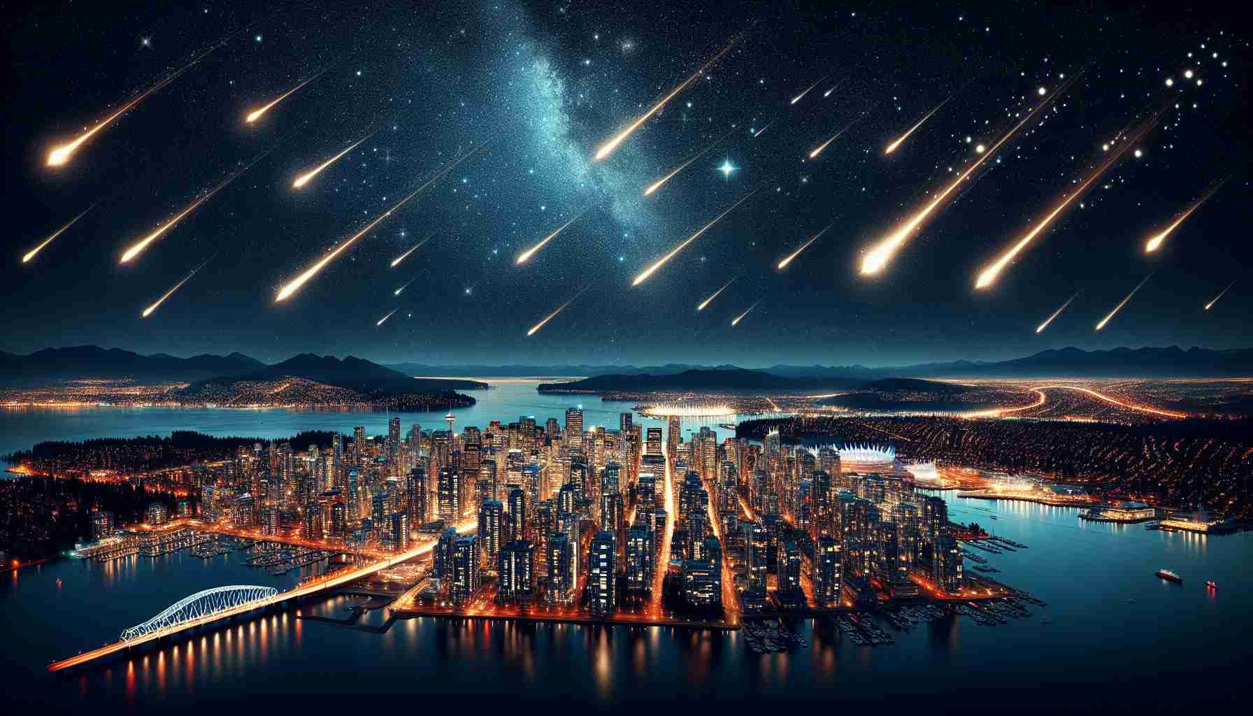 A high-definition, realistic illustration of a spectacular Draconid meteor shower lighting up the night skies above a large metropolitan city similar to Vancouver. Show twinkling stars and vibrant meteor trails streaking across the heavily dark skies, casting beautiful light over the cityscape below. The city should appear bustling with illuminated skyscrapers, treelined streets, and waterfronts reflecting the celestial event's lights, adding more magnificence to the picture.