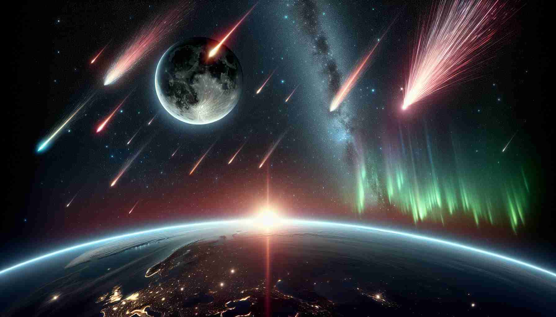 A glossy high-definition image showcasing several exhilarating astronomical events anticipated to occur in November. Include a vibrant meteor shower streaking across the star-studded night sky, a magnificent full moon rising above the quiet horizon, and the faint, glittering trail of a comet as it passes by Earth. Add a detailed constellation in the backdrop, seen clearly against the velvety black of outer space. To add interest, hint at the approach of a stunning aurora holdalis, its ethereal colors peeking over the polar edge of the planet.