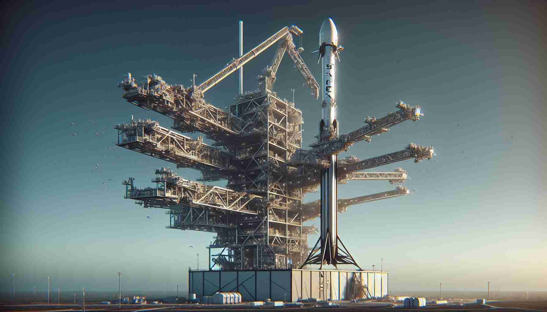 A high-definition, realistic image showing SpaceX's innovative Tower Arm Catch System. This revolutionary feature helps the company make significant strides in rocket recovery by capturing rockets mid-flight. Please include details such as the intricate machinery, the towering structure of the arm, the complex automation system, and the sense of sheer scale between the tower and the rocket.