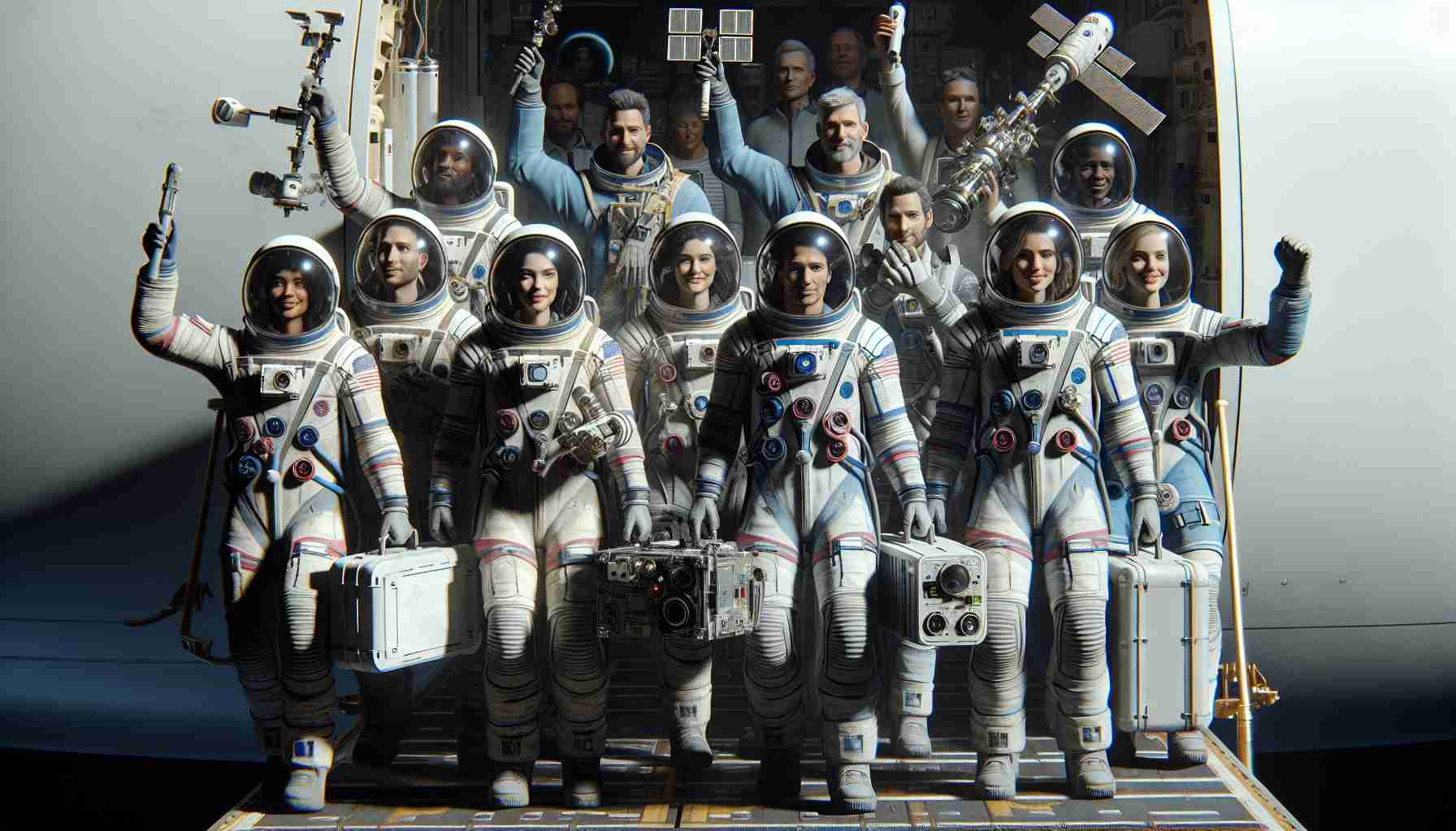 High-definition realistic image representing a successful mission completion: A team of astronauts disembarking from a space vessel upon their return home. The astronauts are diverse in descent and gender, showcasing a multiethnic and inclusive team. Each holds a different piece of equipment highlighting their respective specialties, illustrating the groundbreaking research they have successfully completed. One holds a geologic sample, another carries a sophisticated-looking device likely for spatial measurements, and so forth. They all wear space suits and helmets tucked under their arms, their faces reflecting the joy and accomplishment of a challenging, fruitful space journey.