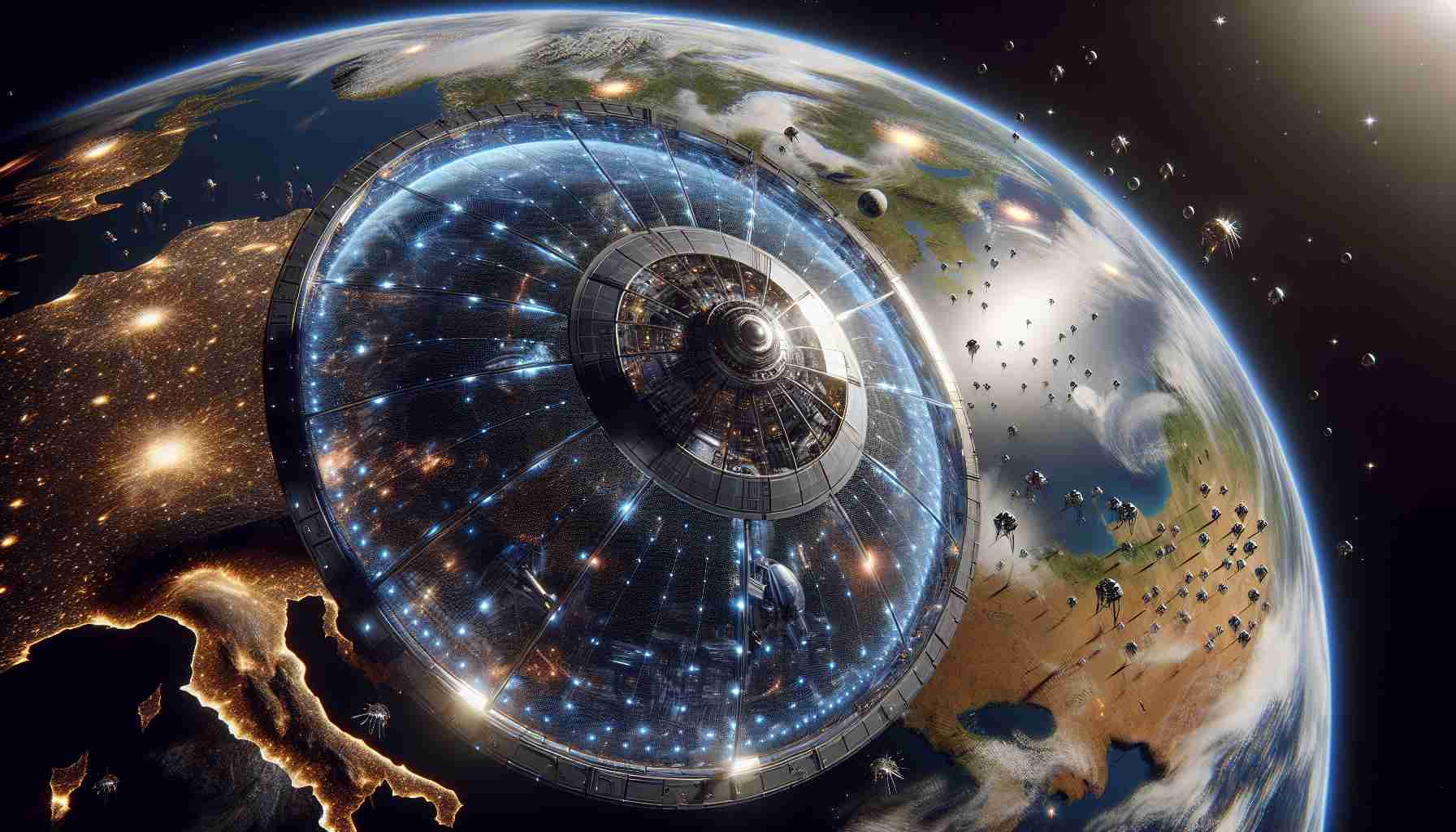 High-definition, realistic image that depicts an innovative solution for protecting Earth from cosmic threats. The scene shows a massive, technologically advanced shield system stationed in outer space. The majestic blue planet Earth is in the background. The shield radiates subtle silver light showing it is activated and ready to deflect incoming cosmic bodies. A host of tiny space drones are busied in maintaining and repairing the shield. Brilliant stars, planets, and cosmic dust paint a breathtaking backdrop, adding to the deep-space aesthetics.