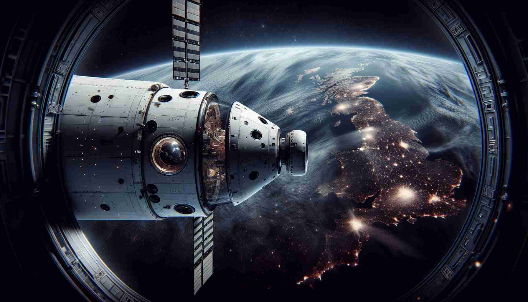 Detailed high-definition image depicting the concept of a pioneering space mission, similar to the SpaceX Crew-8 Mission. Portray a spacecraft in outer space with the Earth in the far distance. The spacecraft should be modern, cutting-edge technology. Outside the windows show looming stars, distant galaxies and noticable planets. To emphasize the pioneering aspect of the mission, illustrate the spacecraft progressing into the unknown vastness of space, moving away from Earth.