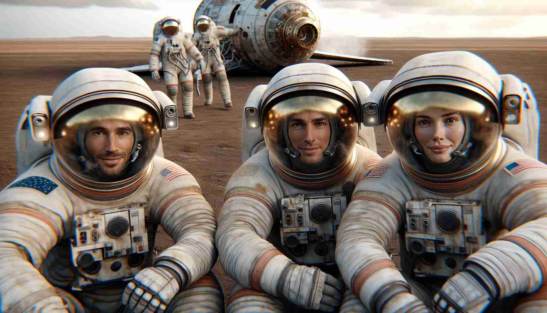 A high-definition, lifelike image showing three astronauts of diverse descent and gender who are part of a hypothetical 'Crew-8'. They are safely returning to Earth after an extended mission. They're wearing traditionally designed space suits, their helmets are in their hands, revealing tired yet happy expressions. In the background, the descent module of their spacecraft is visible, slightly scorched and smoking from re-entry. The setting is a barren desert landscape with partially overcast skies, signifying a safe but remote landing site.