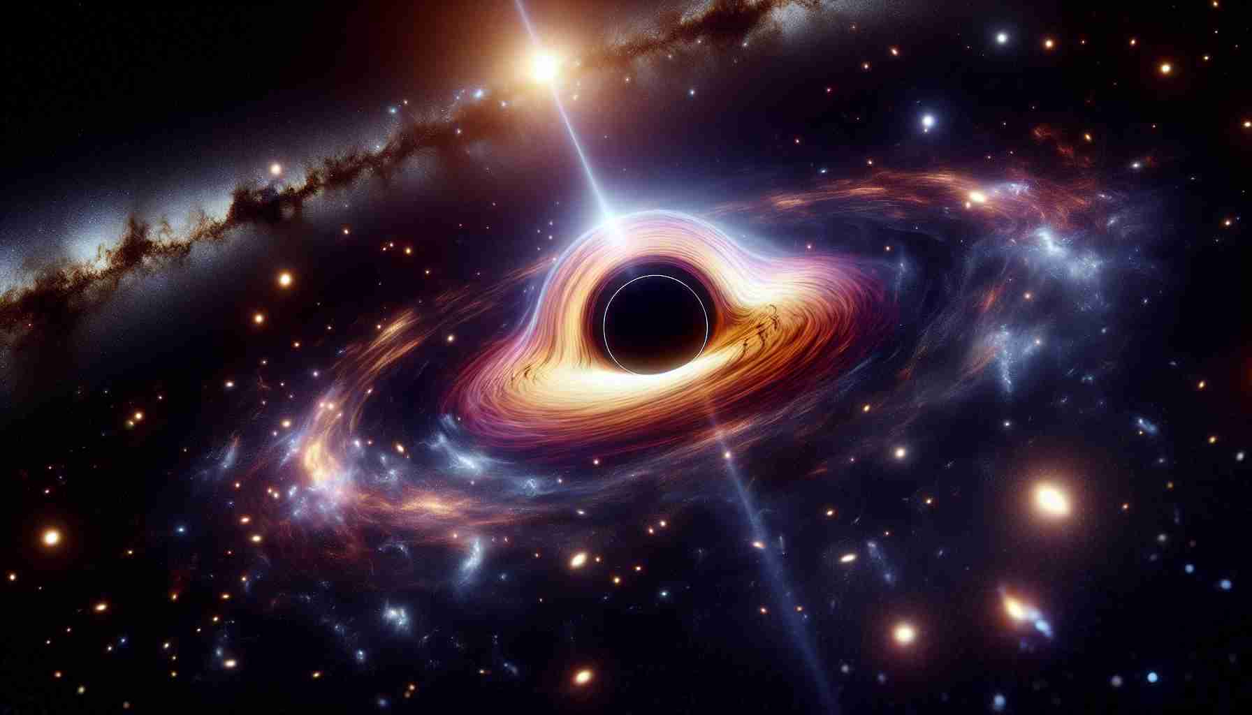 Generate a realistic, high-definition image representing the cosmic conundrum of early supermassive black holes. The image should depict deep space with darkness filled with distant stars and galaxies. In the focal point, there should be a supermassive black hole with its gravitational pull distorting the light from nearby stars and galaxies, creating a visible event horizon and an accretion disk. The concept of time dilation due to the immense gravity of the black hole should also be visually presented.