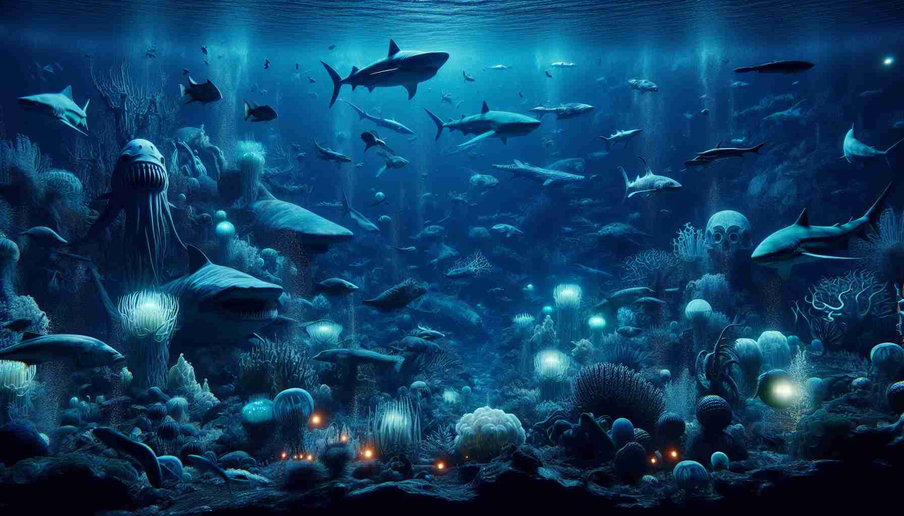 High-definition, realistic image of the mysterious underwater world, portraying the lurking dangers and secrets of the deep sea. It includes various marine creatures that are known for their unique adaptive qualities to survive extreme pressure and darkness. It should show a mix of bioluminescent animals, cruising sharks, bizarre-looking fishes, and ancient-looking sea plants. Imagine cold, dark blue water, disturbed only by the passing of the creatures and their glowing bodies illuminating the surroundings. Use detailed textures and complex shapes to emphasize the intricacies of the marine biodiversity and to portray the sheer drama, majesty, yet haunting nature of the deep sea.