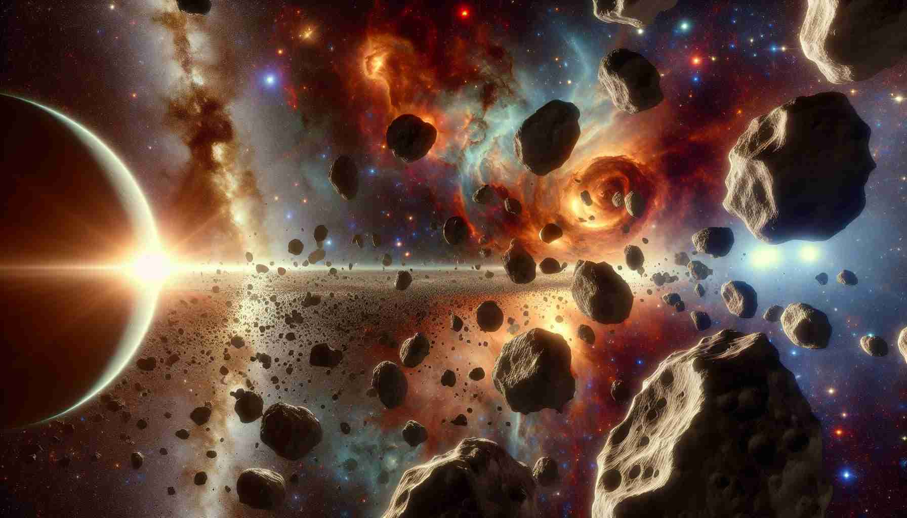 Generate a high definition, realistic image that represents the diversity of asteroid origins. Picture a stunning scene from space, where a variety of asteroids illustrate their different origins. This includes asteroids formed from the remnants of shattered planets, and those that are composed of dust and remnants from the birth of the solar system. Use distinct shapes, sizes, and textures to depict the diversity. Also include celestial bodies such as nebula, distant stars or galaxies in the backdrop for context.