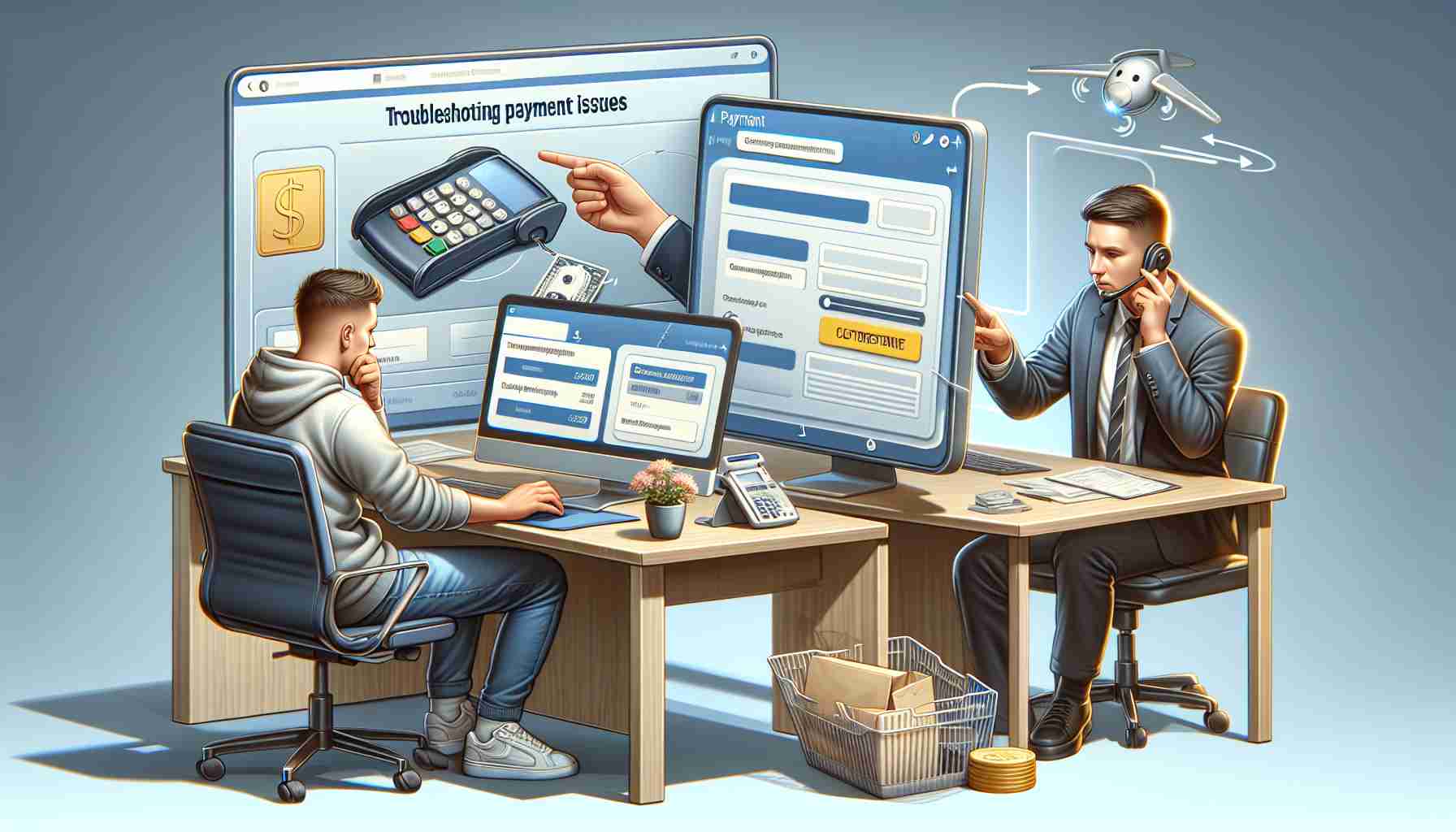 Realistic high-definition illustration of the payment process, specifically centered on troubleshooting payment issues. This could include representative scenes such as a person at a computer running into payment issues on an ecommerce website and another scene of a customer service representative on a call, helping to resolve the issues. Ensure that both the user and customer service representative are depicted in a variety of descents and genders.