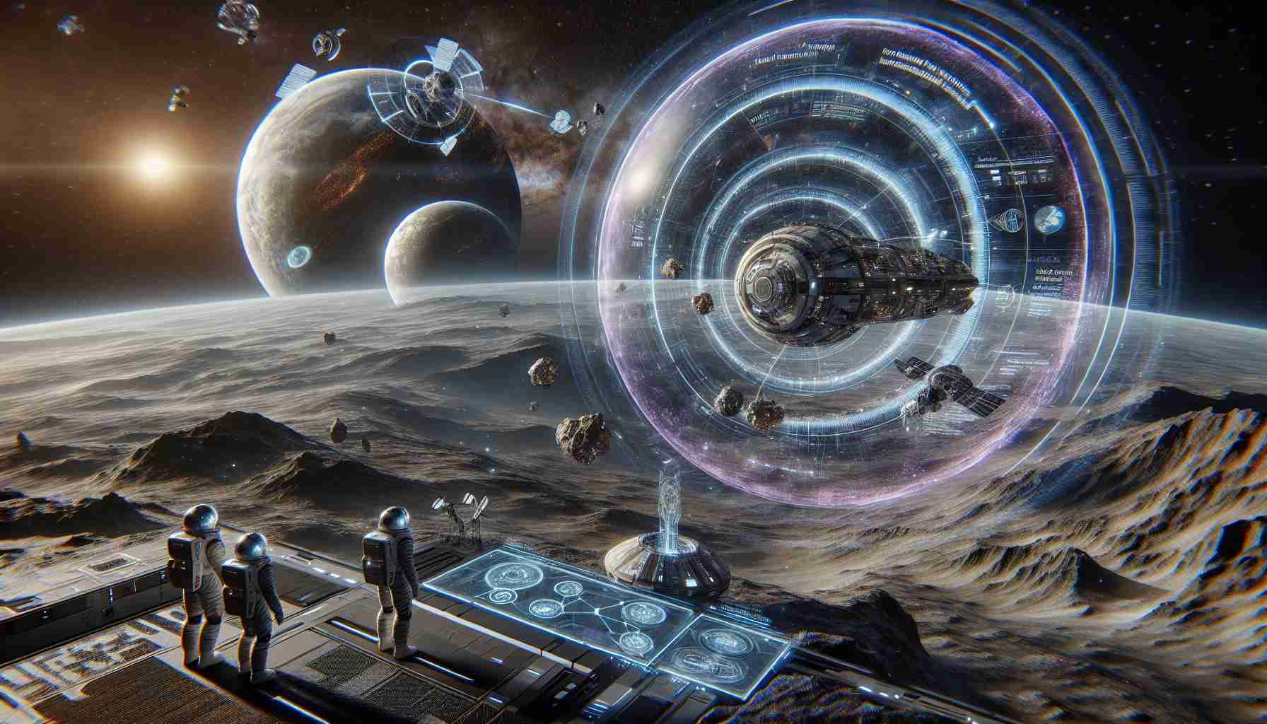 An image showing realistic futuristic space technologies. It comprises of a spacious spaceship with a large dome providing an unobstructed view of space, rotating in its own axis near an Earth-like planet. A galactic travel routes planned on a holographic screen displayed, demonstrating the ability to journey through wormholes. The distant sight of smart rovers, exploring the rocky terrains of a nearby moon, sending telemetry data. Also, there's a sight of astronauts in advanced space suits, portrayed as Asian male and Black female, working cordially on satellite maintenance, floating weightlessly in the zero gravity environment.