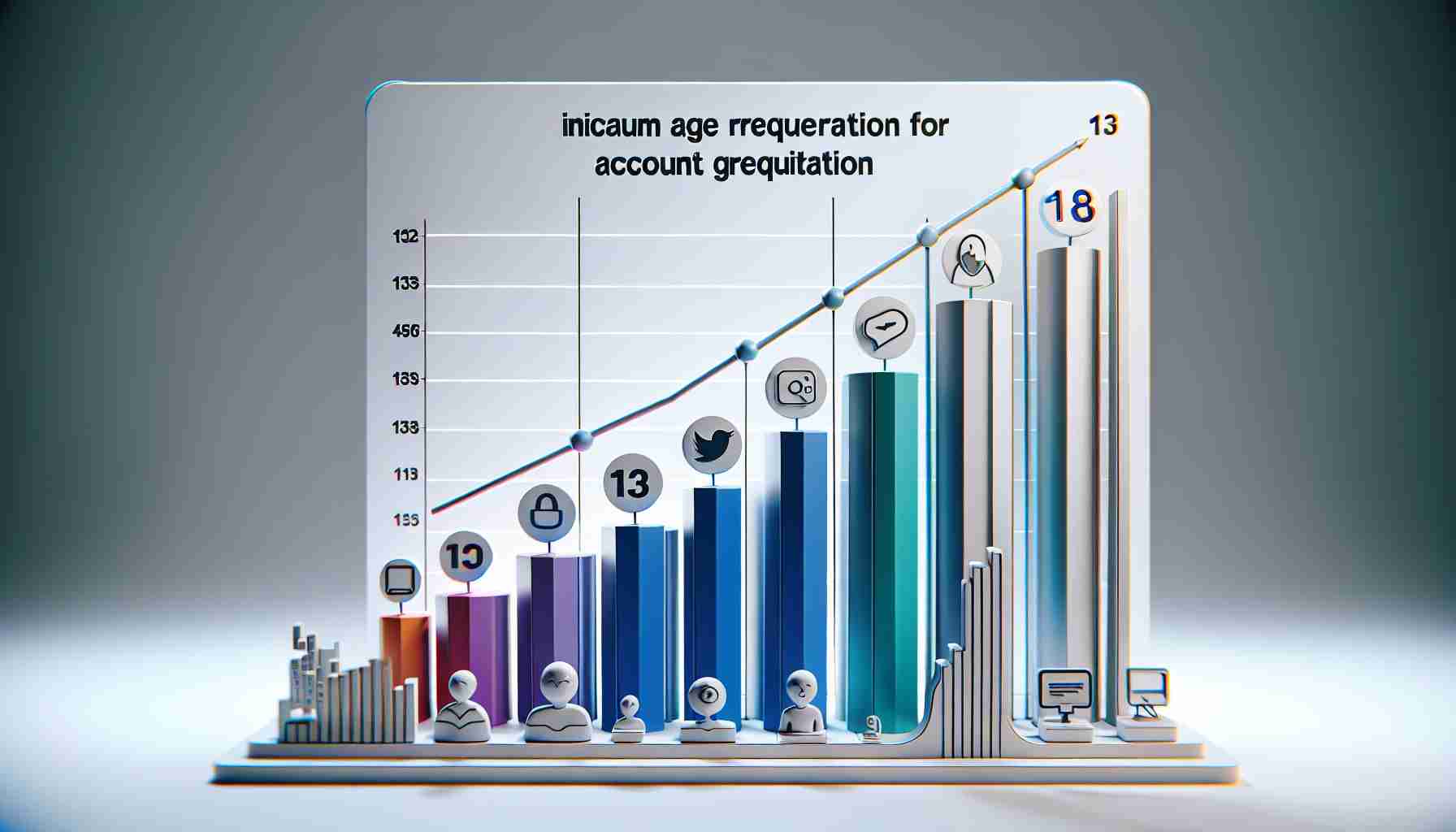 A detailed graphic depicting the increasing age requirement for account creation across various platforms. The graphic should show a clear line or bar chart illustrating the minimum age from 13 years and upwards, with distinct platforms labelled below each bar or point. The chart should be in high-definition, with sharp lines and vivid colors on a clean, white background.