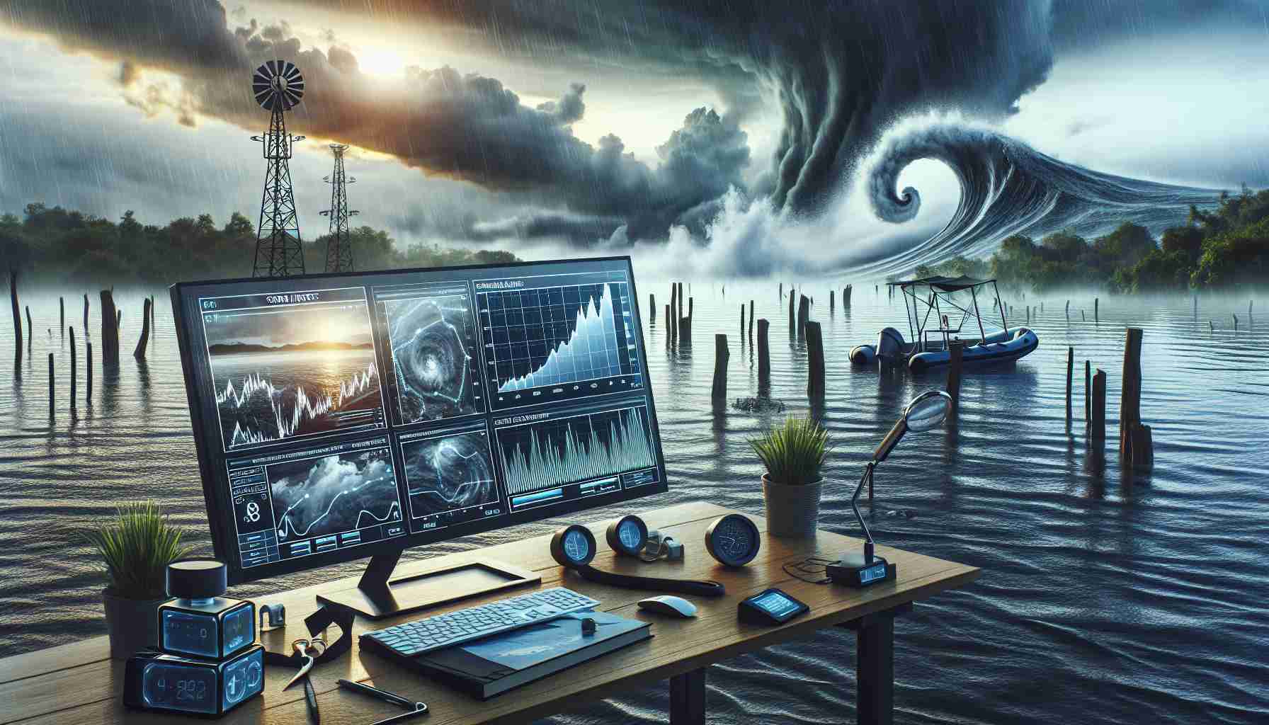 Create a highly detailed and realistic image visualizing the exploration of potential storm impact. The scene should depict signs of impending inundation, with rising water levels and overcast skies indicating a powerful storm approaching. For the surge analysis, picture monitors and graphs showing the predicted storm surge and its impact. Include elements such as weather prediction charts and high-tech exploration equipment to capture the sense of urgency and meticulous planning involved in such a study of natural disaster preparedness.