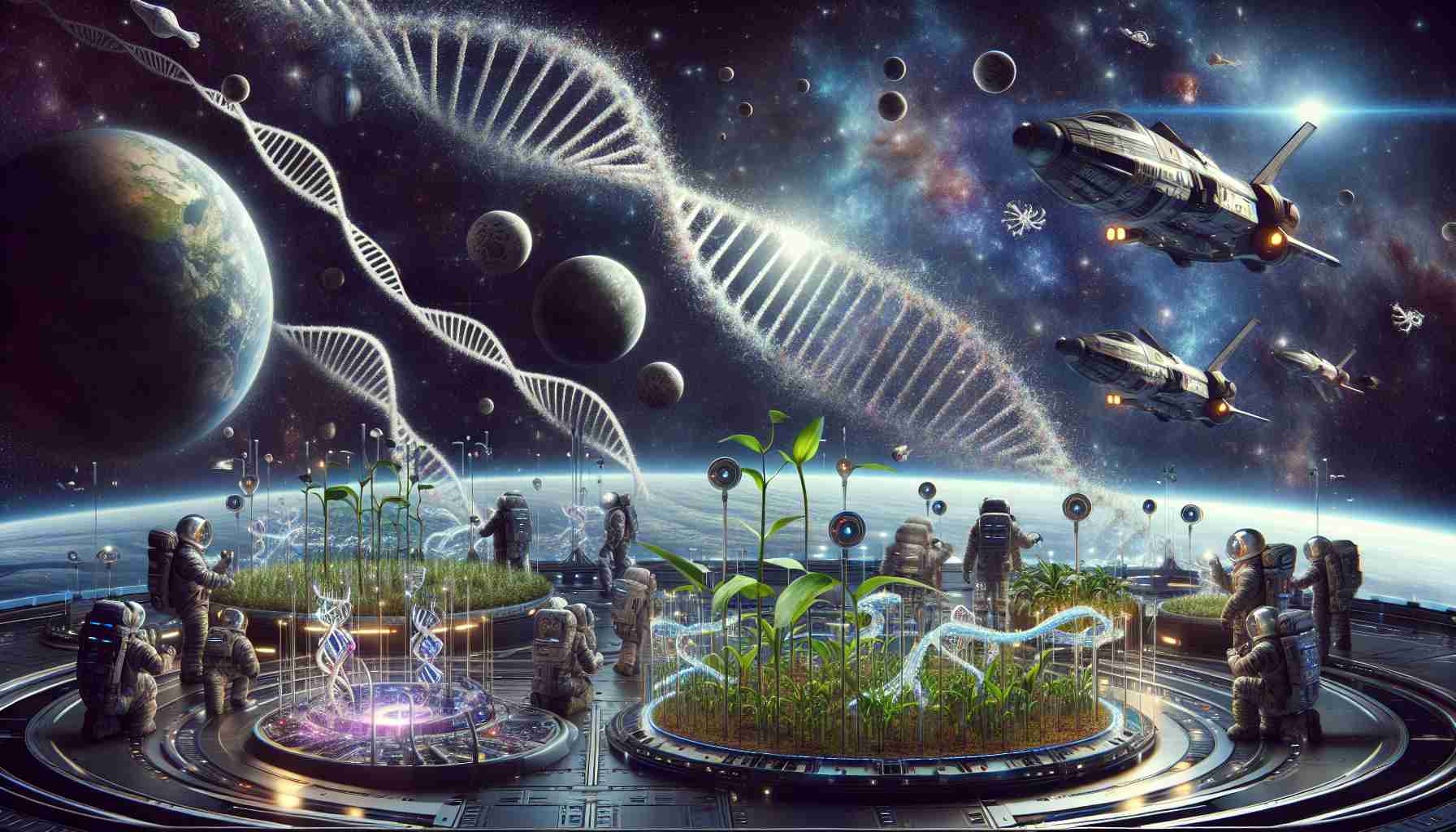 A high definition, realistic image depicting the revolution of space exploration through biotechnology. This could include elements like DNA strands symbolising the influence of Biology, futuristic spaceships signifying advancements in technology, along with showcasing astronauts of both genders and diverse descents interacting with highly advanced equipment. Plant life could be seen thriving in bio-engineered environments inside the spaceship, epitomising the integration of biotechnology in space survival. The vastness of outer space as the backdrop adds to the surreal nature of exploration beyond our planet.