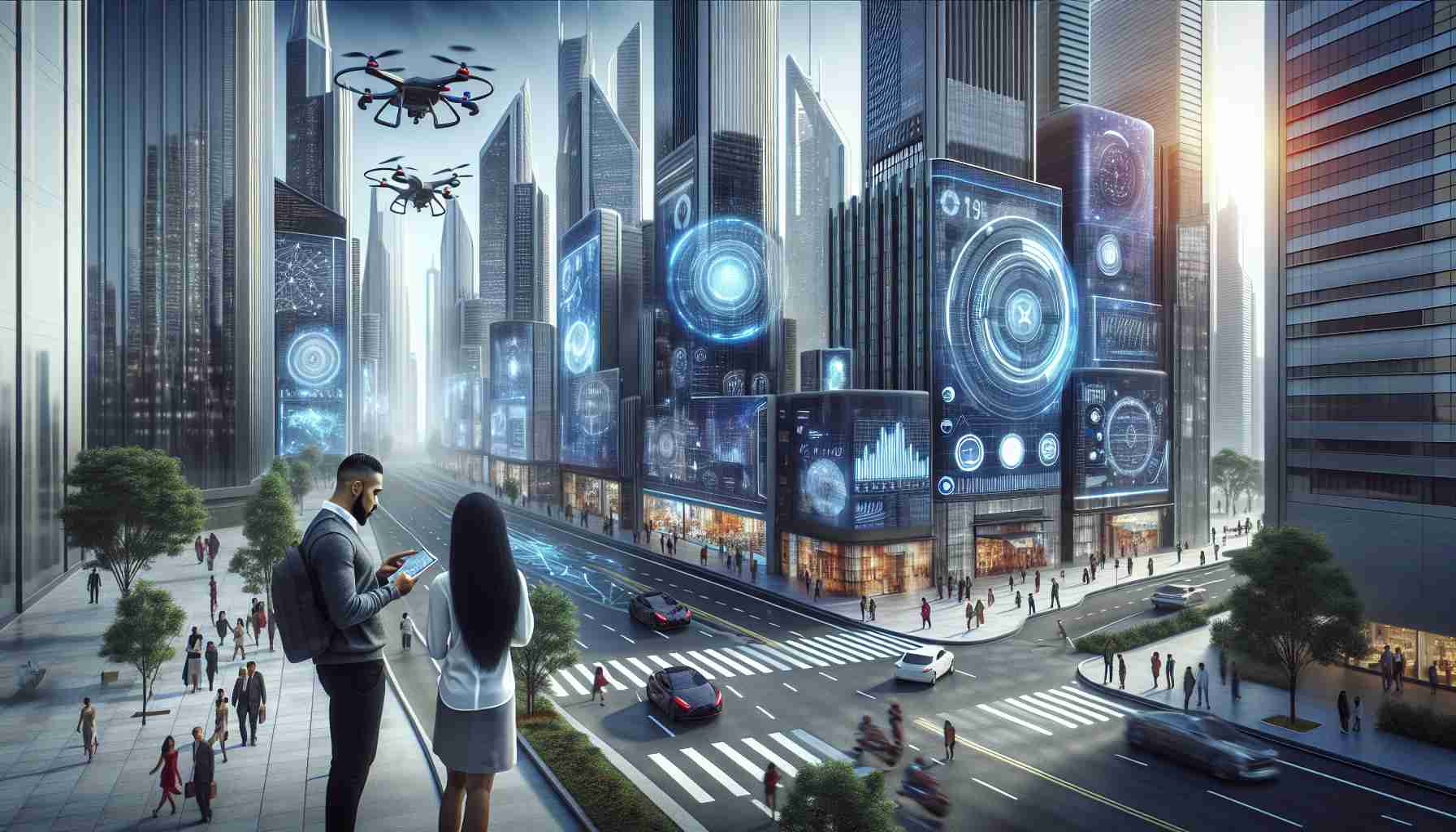 A high-definition, realistic image capturing the concept of a future revolutionized by technology. This represents a modern cityscape where autonomous vehicles travel on well-structured roads surrounded by gleaming skyscrapers. Their facades display live data, signifying the seamless integration of technology into daily life. Mixed-race pedestrians interact with public interfaces for services, and drones zip through the sky. In the foreground, a South Asian woman and a Black man are engaged in a deep conversation, likely about the ongoing tech evolution, against this backdrop of technological advancement.