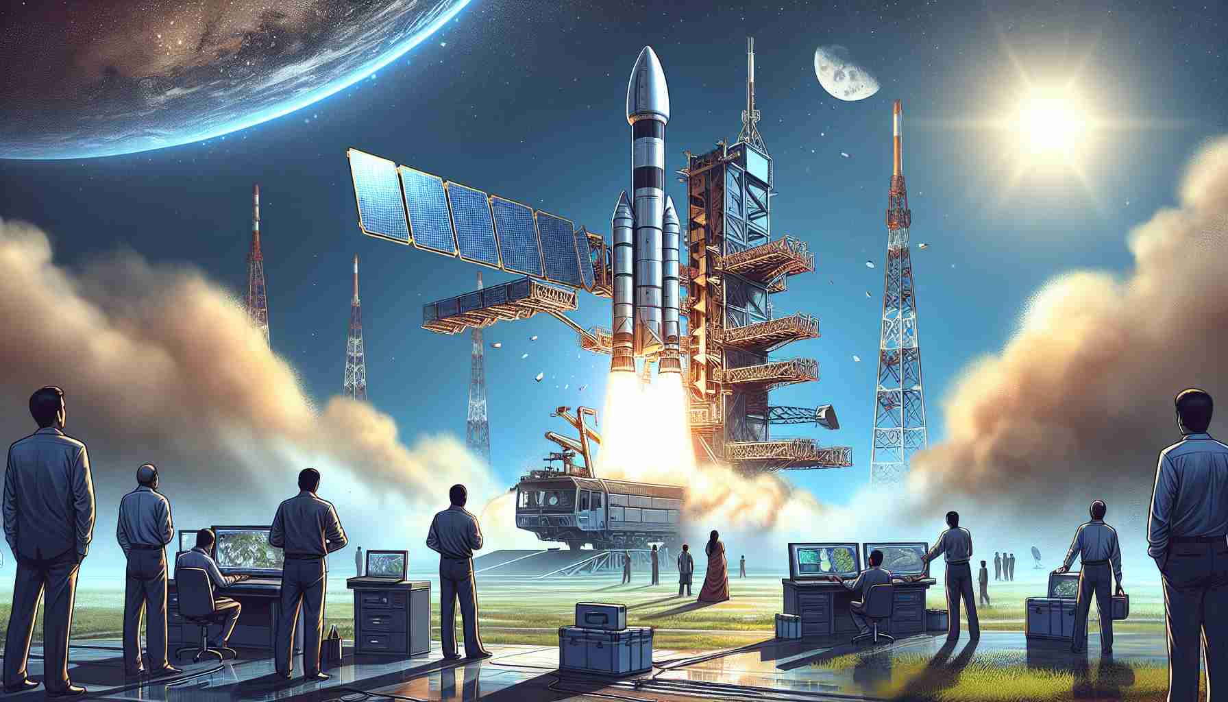 Depict a detailed and realistic illustration of a future event where a new satellite is being launched. The satellite is set to revolutionize environmental monitoring in India. The scene should convey anticipation and technological progress, with the satellite perched on a sleek and powerful rocket, ready for launch. Display this event under bright day light. Include team members— a combination of Southern Asian women and men—in the foreground, working on final preparations, controlling the machines and inspecting the rocket.