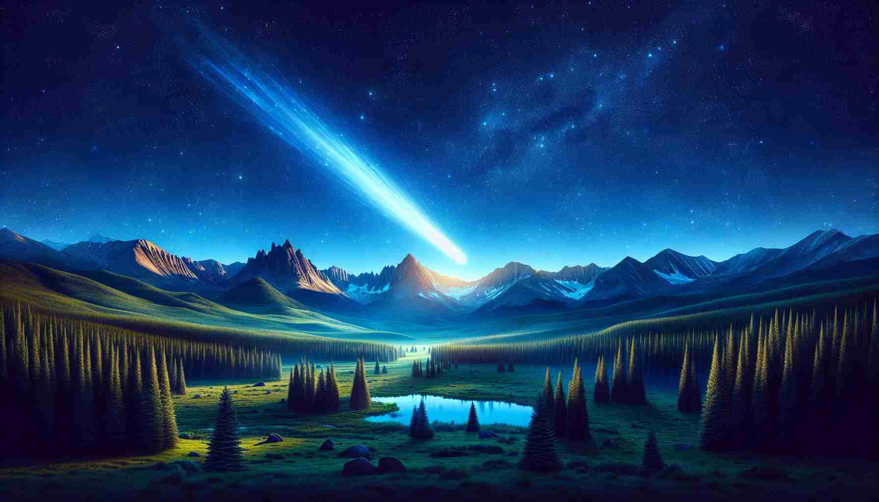 Create a realistic, high definition image of a majestic comet streaking across the night sky, illuminating the beautiful landscapes of Colorado. The comet should be vibrant and luminous, casting a lively glow on the entire scene. The sky should be a deep, rich blue filled with pinprick stars. In the landscape, design elements that are characteristic of Colorado such as towering mountains, verdant forests, and peacefully grazing wildlife.