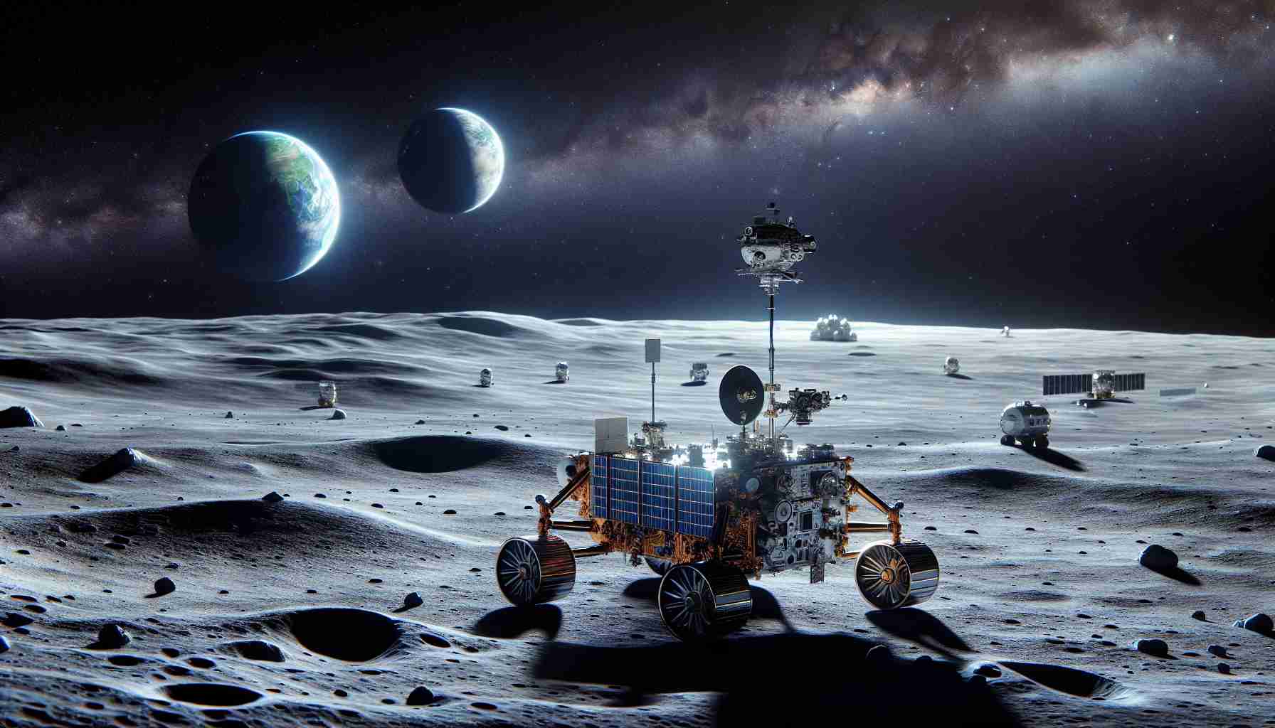 Realistic high-definition image depicting a representation of India's ambitious lunar explorations. This scene could include a detailed rendering of a lunar rover moving on moon's surface, space modules launched by India hovering in the lunar orbit, and the vastness of space dotted with stars as the backdrop. The Earth could be visible in the distance, proudly portraying the progress of human space advancements.