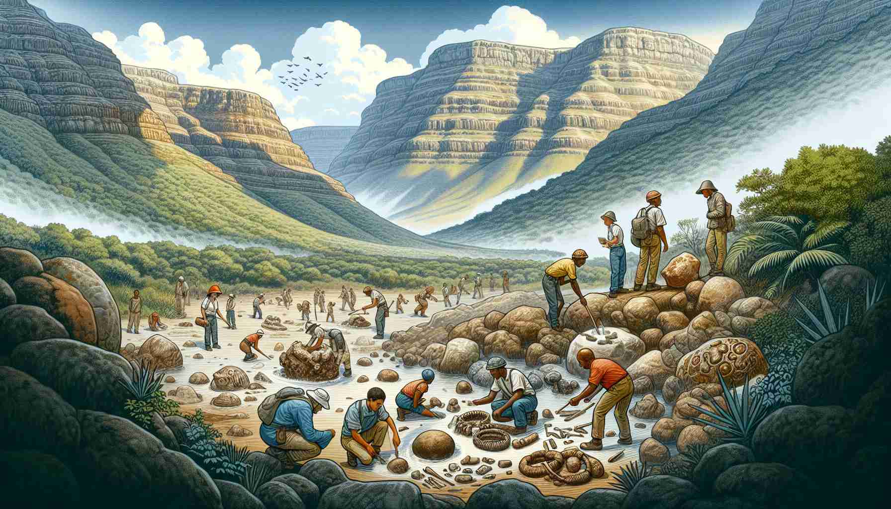 Create an illustration of an archaeological team of diverse ethnicity and genders uncovering a prehistoric treasure trove in the Barberton Makhonjwa Mountains. This location, known for its ancient geological formation, will now add more culture to its history with this discovery. The treasure consists of wealth from the prehistoric era - fossils, stone tools, and jewelry made from primitive materials. The mountainous landscape adds an impressive backdrop to the scene, with rocky slopes and lush green foliage contrasting with the excavation site filled with curiosity and excitement.