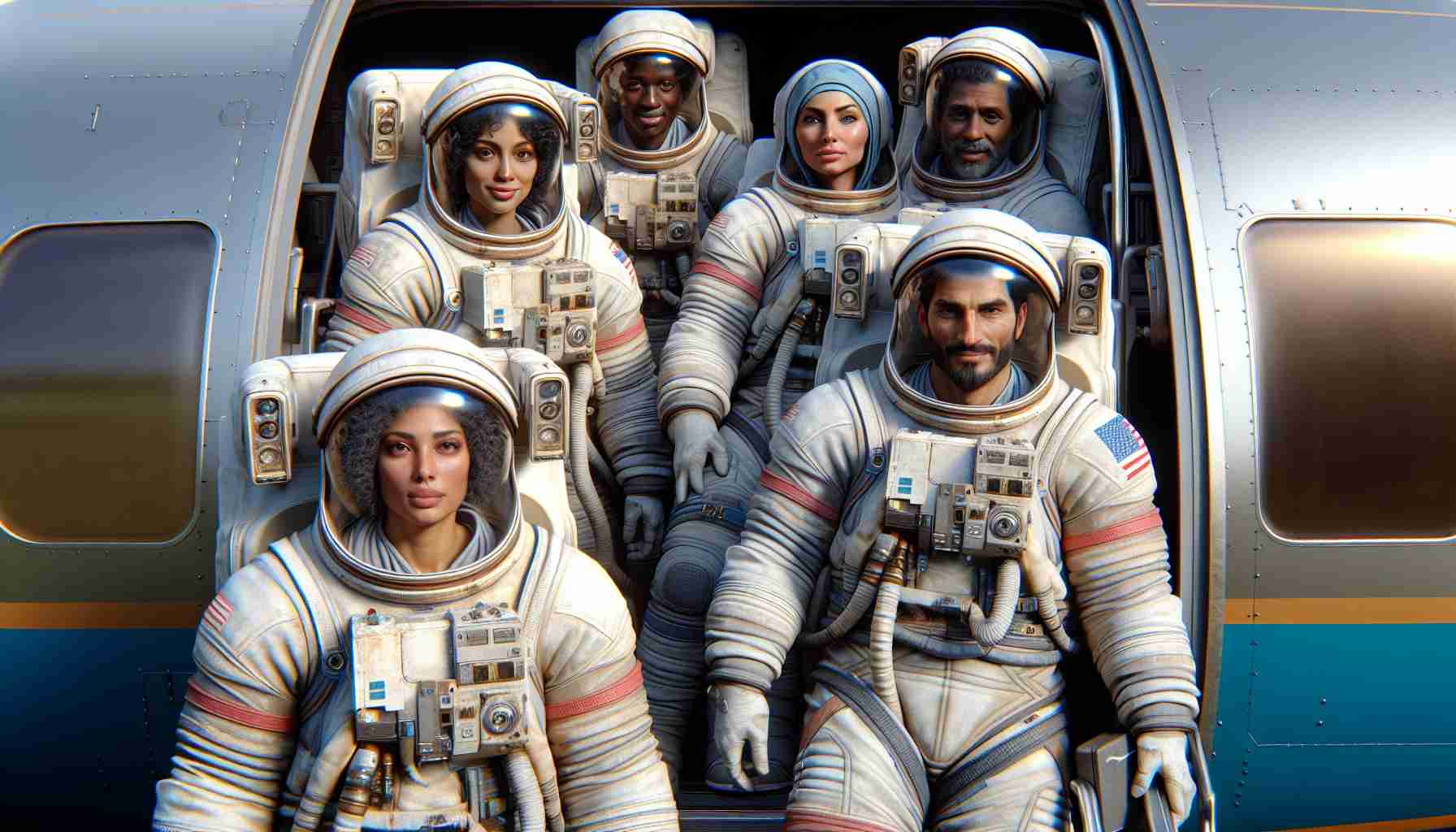 A high-definition, realistic illustration of astronauts just having returned from a space mission, exiting their return vehicle. All of them are healthy after their thorough medical checks. The astronauts present a balanced representation of human diversity - there's a Middle-Eastern woman, a Hispanic man, an Asian man, and a Black woman. Their bulky spacesuits bear the wear and tear of space travel, contrasted by their vibrant, relief-filled expressions now that they're back on Earth.