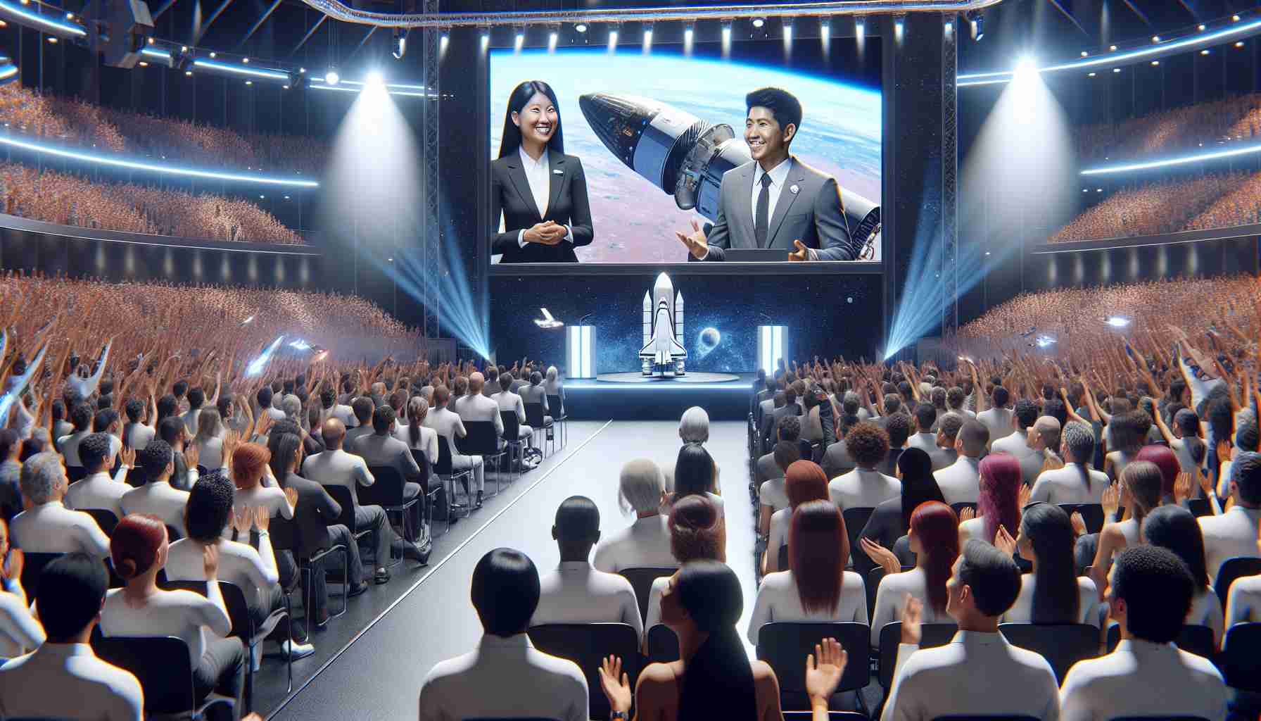 A high-definition, realistic capture of an exciting announcement event related to future space tourism. The scene is set in a bustling auditorium filled with excited attendees of diverse descents and genders. On the stage, a large display showcases the design of the new spacecraft. A South Asian woman and a Hispanic man, both wearing professional attire, address the crowd with passion and excitement about the potential future of space tourism. The audience reacts with anticipation and palpable excitement, eager to embark on their potential future journeys into space.