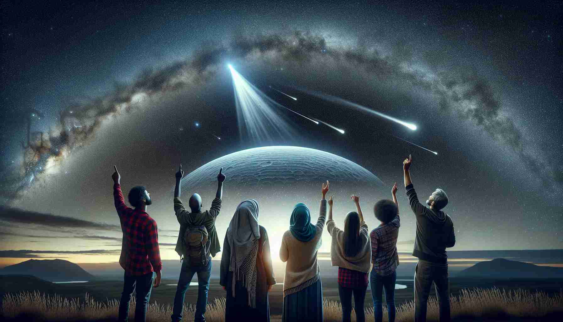 Realistic high definition image depicting a group of stargazers - a mix of people of different genders and descents such as a Caucasian woman, a Black man, a Hispanic man, and a Middle-Eastern woman, hailing a glorious night. They are standing under the vast dome of a clear, starry night sky, marveling at the celestial spectacle. A recently sighted comet streaks across the sky, adding to the breathtaking view. Their faces are illuminated by the comet's light, reflecting their awe and admiration for the cosmic display.