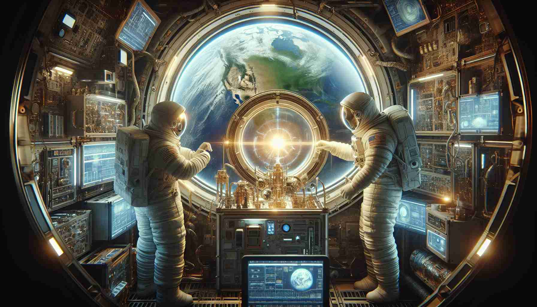 Generate a highly detailed, realistic image of a significant medical breakthrough being achieved during a historic space mission. This scene should represent various astronauts - maybe a Caucasian woman and a Middle-Eastern man - conducting an experiment in an advanced technology-filled, interior of a spacecraft while the Earth is visible through a round porthole window. The successful experimental result could emit a radiant glow. Accurate clothing, tools, and environments from the modern astronautical systems should be present.