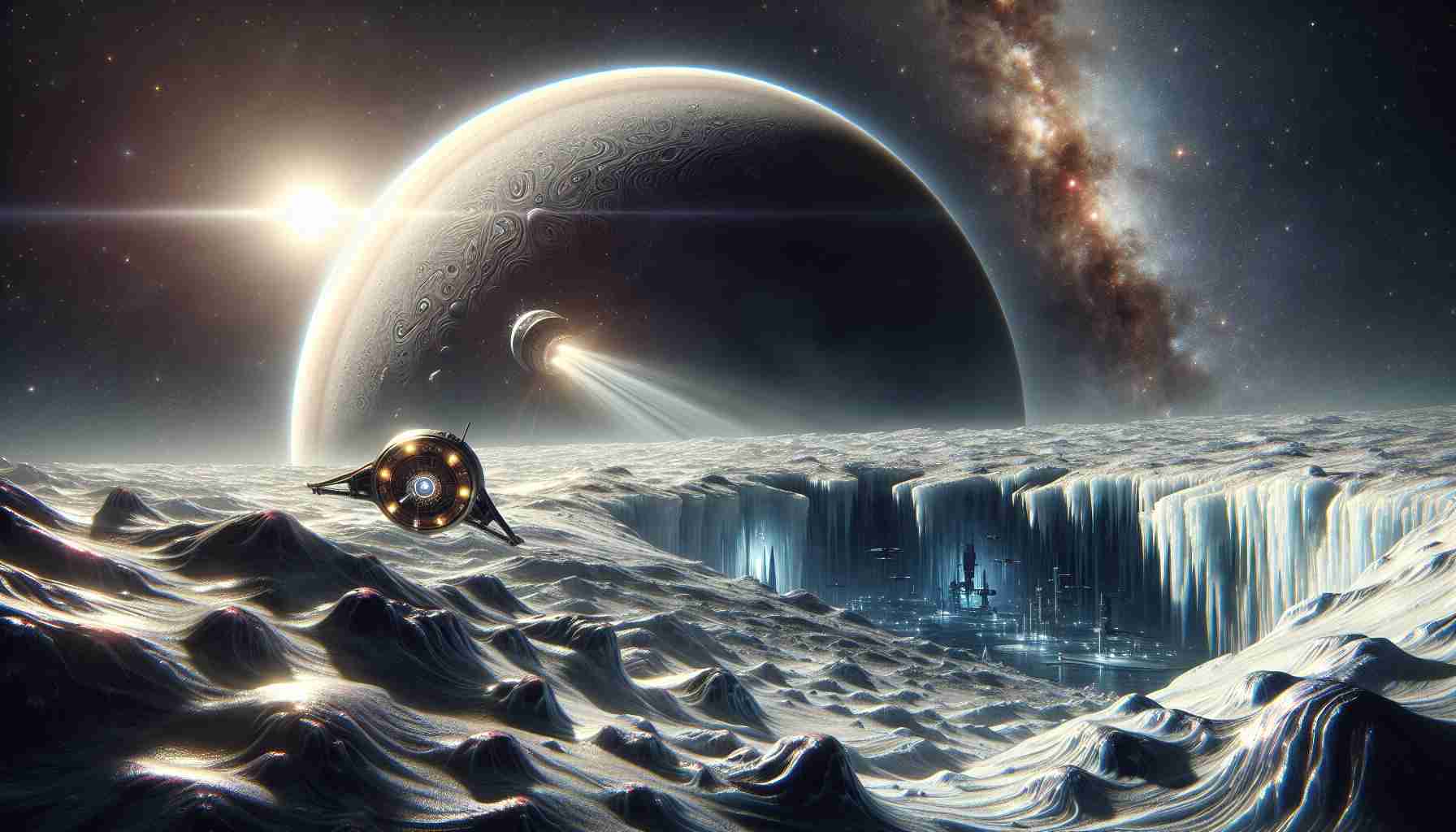 Create a detailed and high-definition image showing an exploration scene on Europa, one of Jupiter's largest moons. The setting is filled with awe-inspiring ice formations and underground oceans, hinting at the mysteries that lie beneath. An advanced spacecraft, possibly from an extraterrestrial civilization, hovers over the icy terrain, scanning and collecting data, suggesting a quest for knowledge about this distant, celestial body far beyond Earth. The moon’s surface is illuminated by the distant but bright rays of the Sun reflected by Jupiter. The outer space in the background is a dark void filled with countless stars.