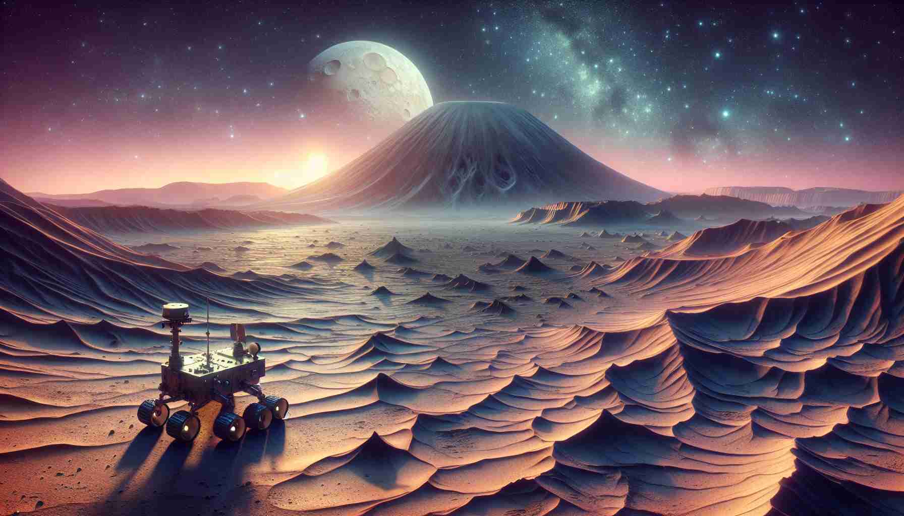 Develop a detailed and realistic HD image that showcases the exploration of Mars. The scene should represent the enigmatic nature of our planetary neighbor. Visualize craters, dry river beds, and the famous Olympus Mons volcano with a rover capturing the surreal and barren Martian landscape. Stars should be twinkling in the distance, and the image should have textures that make the surface of Mars seem tangible.