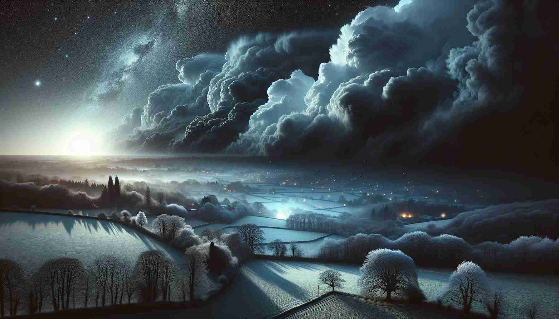 High-definition realistic scene illustrating unusual weather patterns and chilly nights across the UK. This image should feature dramatic clouds, perhaps indicative of a sudden rainstorm or hail, contrasting with a calm and clear starlit sky. Light could be seeping through the tumultuous clouds, reflecting off the dusky, chill-laden English countryside scenery. Elements like frost-coated trees, windswept fields, and perhaps even a flurry of snowflakes could add to the chilly ambiance.