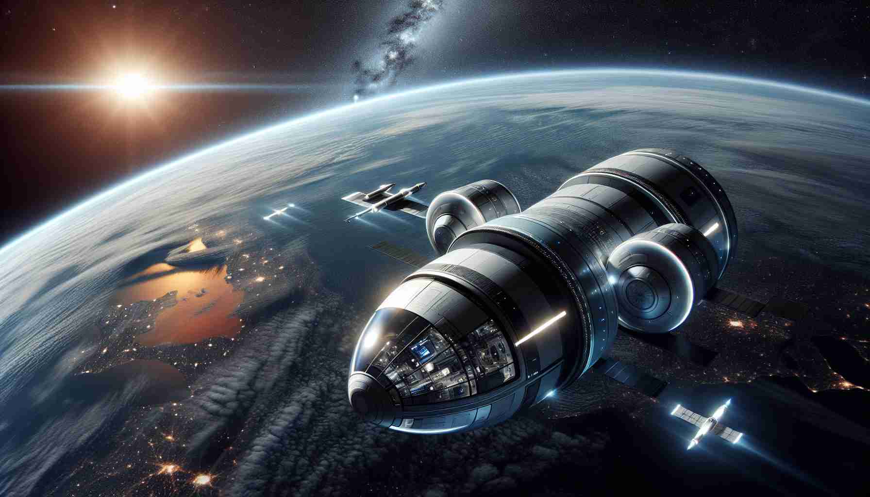 A high-definition, realistic illustration of future commercial space travel. Depict an advanced spacecraft floating against the backdrop of vast outer space, suggesting humanity's exploration beyond our own planet. The spacecraft can look state-of-the-art, with sleek modern design elements, and large viewing windows to capture the cosmic vista. Extras might include smaller passenger shuttles orbiting around the main spaceship, pointing to the possible frequency of these travels. Also show Earth in the distance, emphasizing its distance from this future point of human achievement.