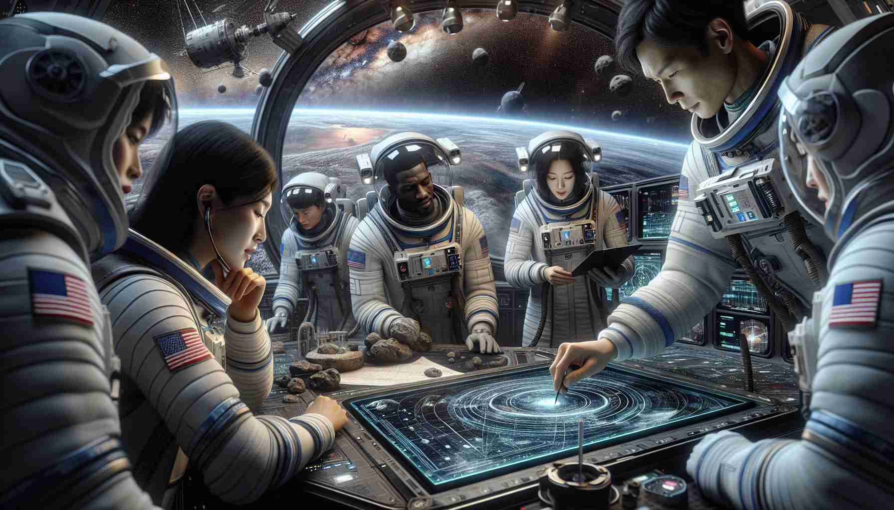 A realistic and high-definition image of an international cooperative effort in space exploration. The scene features astronauts from different descents and genders working together harmoniously. One Asian female astronaut is adjusting the coordinates on an advanced navigational chart, while a black male astronaut is communicating with the mission control center via a high-tech device. A Middle-Eastern male astronaut is analysing a recently collected asteroid sample, and a Hispanic female astronaut is performing a routine check on the spaceship's main engine. The awe-inspiring backdrop of the infinite cosmos reflects their shared goal of pushing the boundaries of human discovery and knowledge.