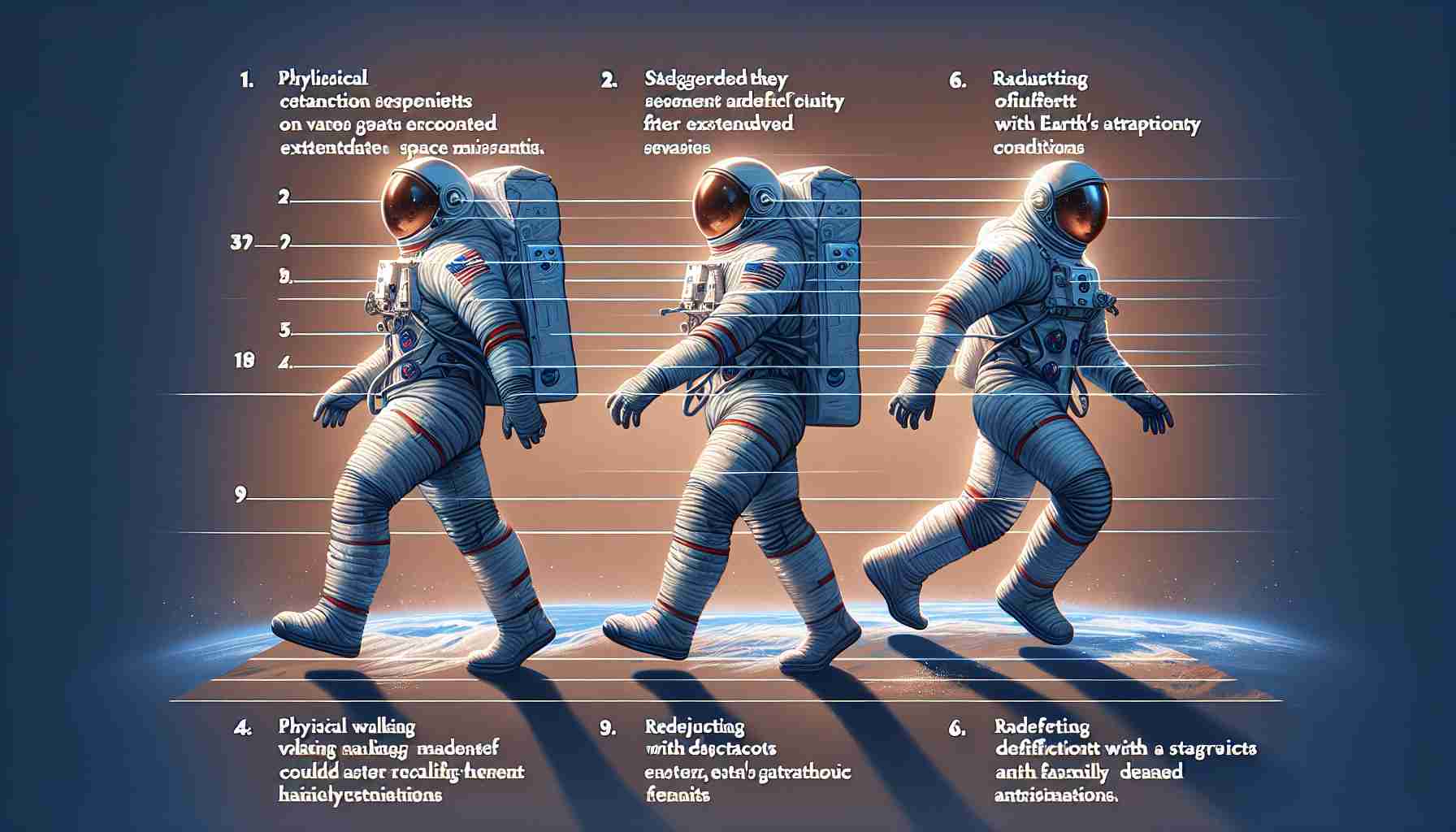 Generate a realistic high-resolution photo that visually presents the challenges encountered by astronauts of various descents and genders as they readjust to life on Earth after undertaking extended space missions. Elements to consider could include physical therapy sessions, staggered walking movements indicating difficulty with Earth’s gravity, readjusting to Earth's atmospheric conditions, and emotional moments with family and friends, while maintaining a sense of hope and determination.