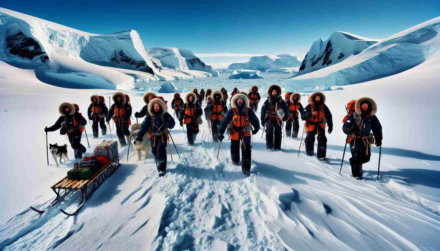 Generate a high-definition, realistic image of an Antarctic expedition. Picture a mixed group of brave explorers, clad in thick, insulated clothing to protect against the biting cold. There's a mix of gender and ethnicity among them to represent their diverse backgrounds. They're amidst the vast and desolate Antarctic landscape, the untouched snow and towering icebergs serving as an awe-inspiring backdrop. Their faces are brimming with determination as they tread cautiously, yet steadily, wielding tools and equipment necessary for their journey. Their expedition equipment includes sleds loaded with supplies, pulled by hardy dogs. Note a deep blue sky above, contrasting with the pure white expanse below.