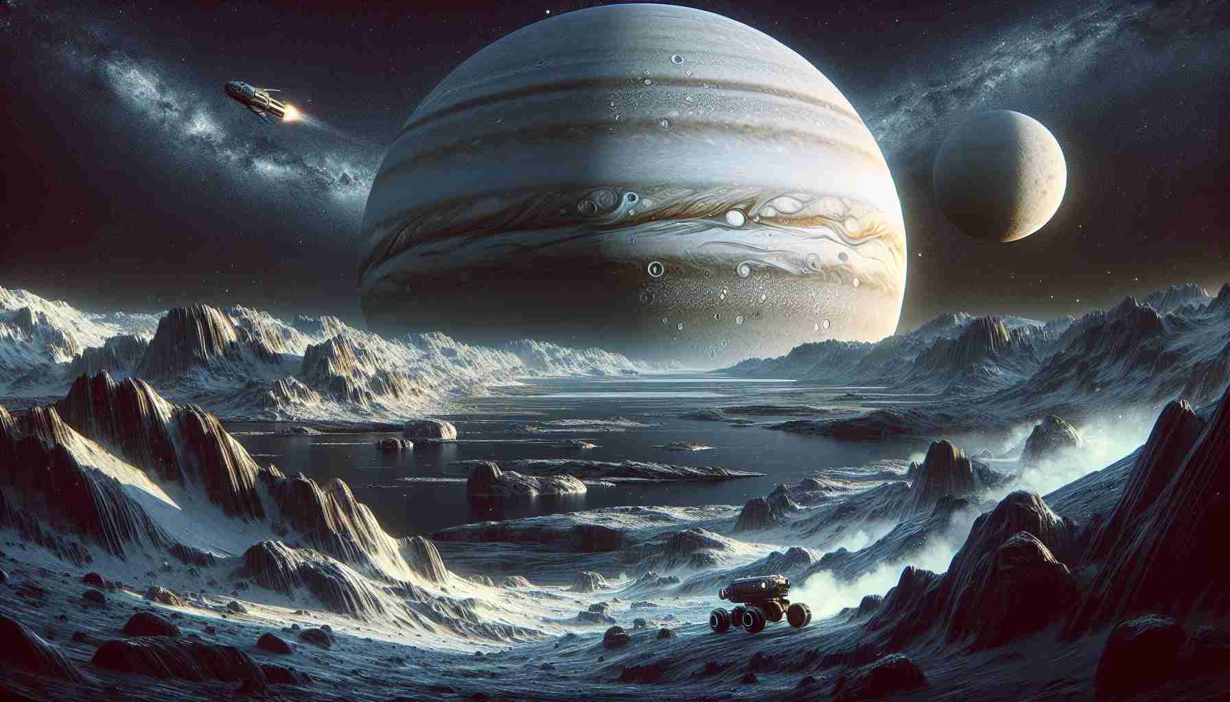 Generate a highly detailed and realistic image that showcases an exploration journey of the hidden depths of Jupiter's largest moon, Ganymede. Depicting a detailed landscape of the celestial body such as its icy surface, potential subterranean oceans, and the colossal Jupiter looming in the backdrop. The scene should also include elements that suggest human exploration, like a futuristic rover or unmanned spacecraft, navigating through the alien terrain.