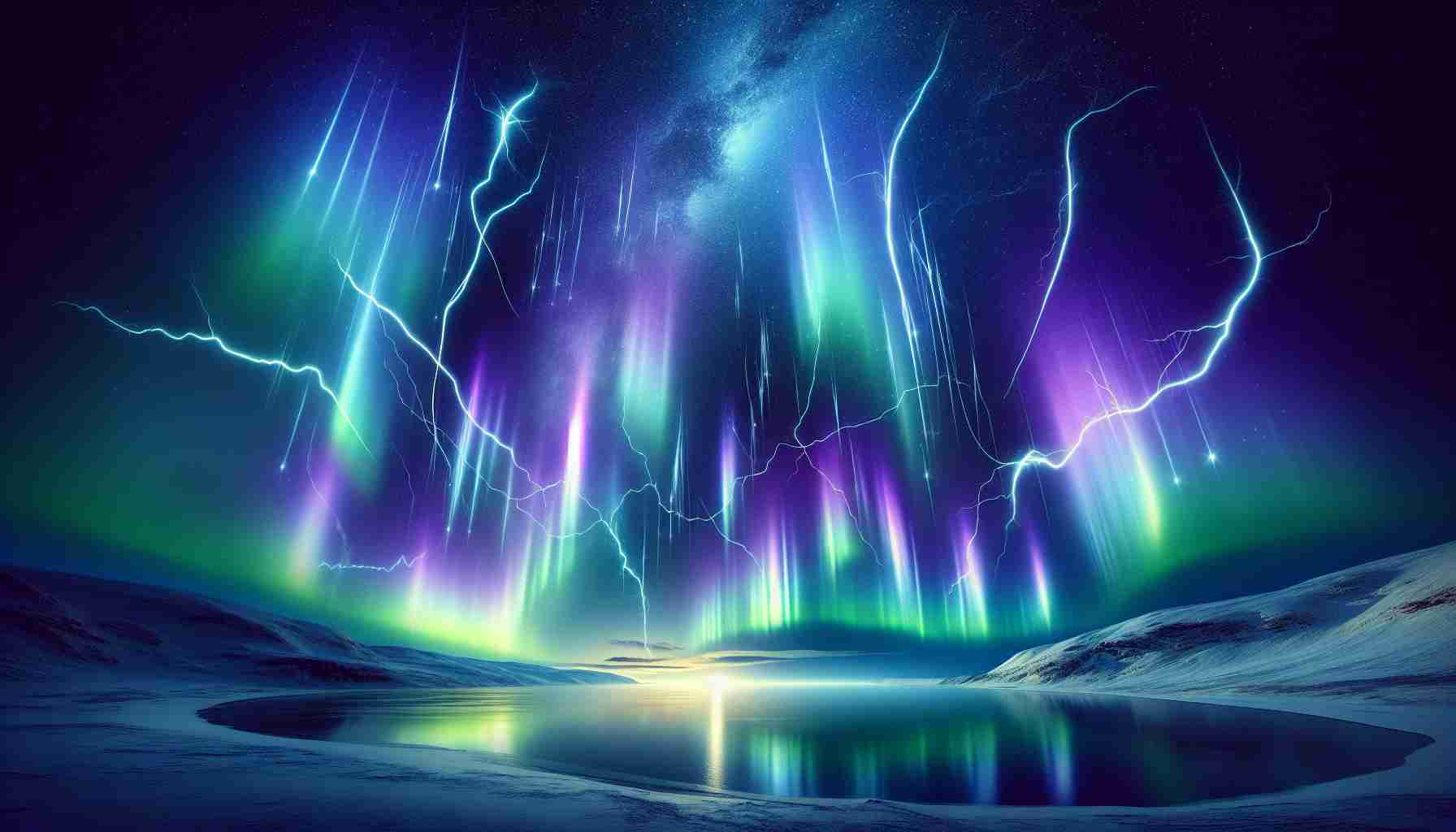 Create a detailed and photorealistic image representing geomagnetic storms. This should include a vivid display of the auroras typically induced by such cosmic weather events, seething with hues of green, purple, and blue against a starry night sky. Incorporate visual cues that hint at the scientific concept of these phenomena, such as a discreet perception of the Earth's magnetic field lines, or slightly abstract representations of solar wind disturbances. The backdrop should be a serene landscape, perhaps a lightly snowy tundra or a tranquil lake, reflecting the ethereal lights.