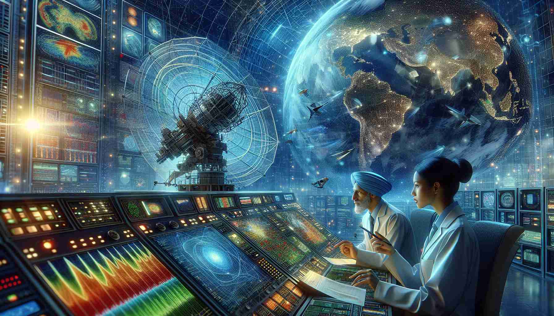 An HD depiction of scientists meticulously unraveling the mysteries of Earth's surface changes. The scientists of diverse descents; a South Asian woman in her mid-thirties explaining the radar technology and a Middle Eastern man in his early forties analyzing the data. The radar, advanced and complex, is rigidly positioned on a platform monitoring the Earth's surface. The data being represented on a massive digital screen, showcasing different colors signifying various topographical changes. The web of intricate circuits and flashing lights reflect the cutting-edge sophistication of the technology. The environment is brimming with experimental verve and technological prowess.