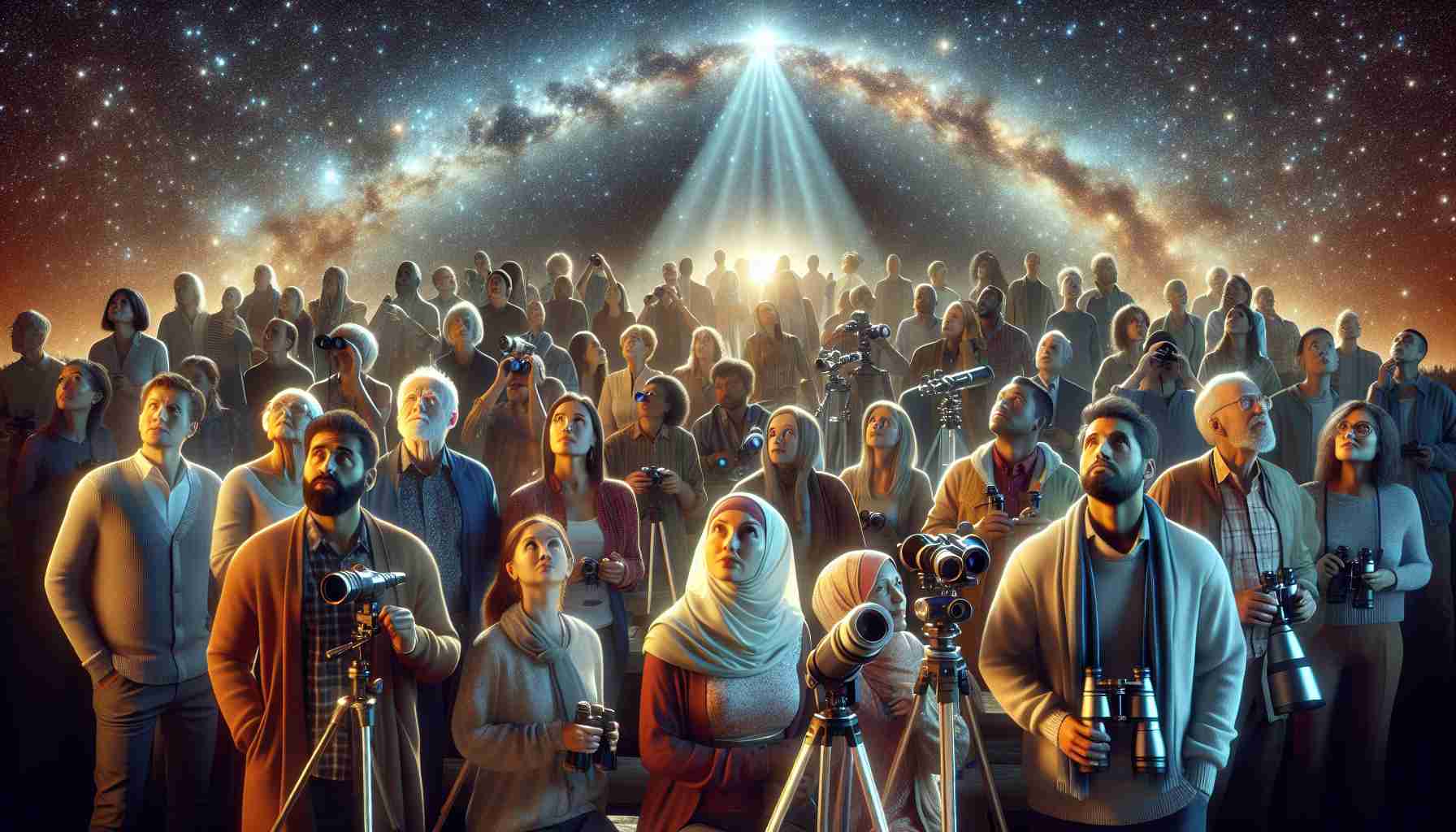 High-definition realistic image of a group of stargazing enthusiasts, composed of diverse mix of people in terms of gender and descent such as Caucasian males, Hispanic females, Middle Eastern males, and South Asian females, each holding telescopes and binoculars, looking upwards witnessing a rare celestial event during a night-time gathering. The sky is filled with stars and the celestial event is in progress, radiating an unusual glow that illuminates the characters and the landscape around them.