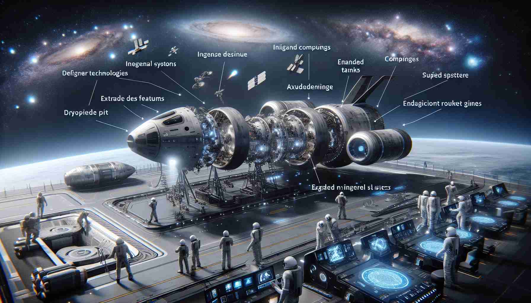 A high-definition, realistic image of hypothetical upgrades for a future interstellar mission named Flight 5. The scene should depict cutting-edge technologies, ingenious design features, advanced computing systems, enlarged fuel tanks, a redesigned bridge, and more efficient rocket engines. The backdrop should illustrate the vast emptiness of space, with a scattering of distant stars and galaxies. In the foreground, a number of astronauts in modern space suits are working on the spaceship, adjusting the new parts. The starship itself should look like a vessel capable of ambitious interstellar travel, with a sleek, futuristic aesthetic.